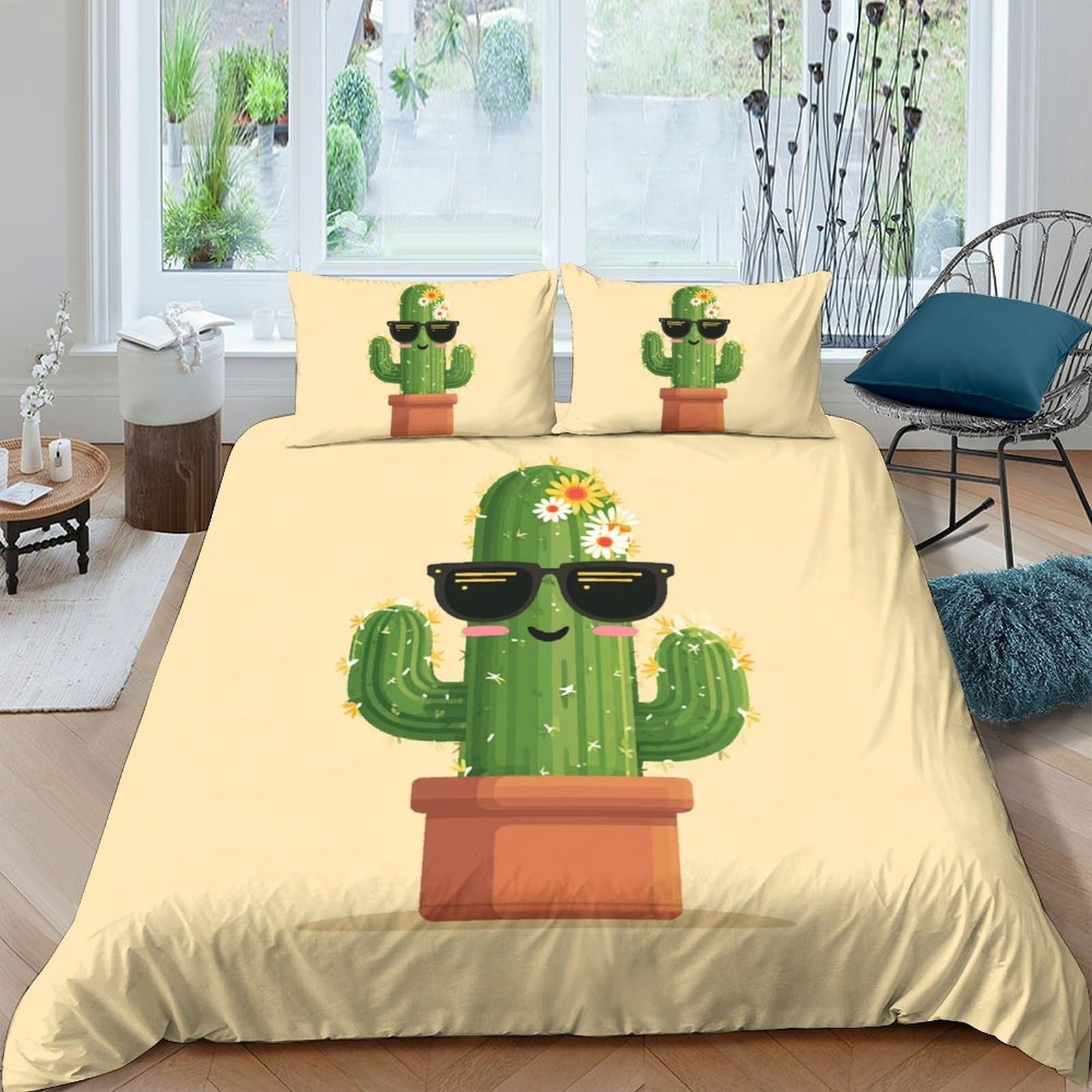 TUFRTGYHN 3D Printed Cool Cactus Duvet Cover Microfiber Soft Green Cartoon Plant Bedding Set with 2 Pillowcases for Bedroom Apartment Decor Single（135x200cm）