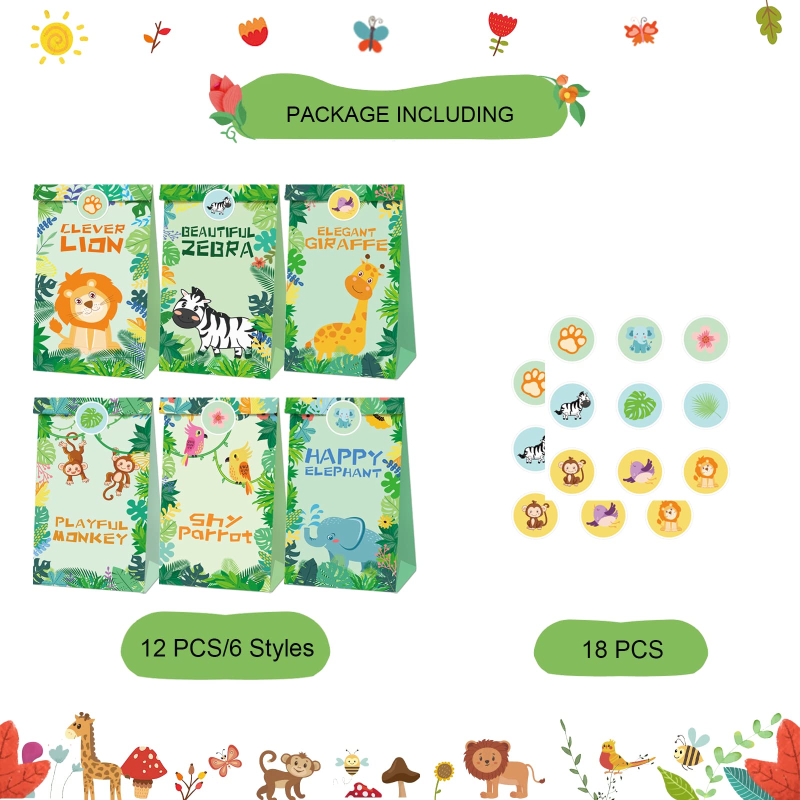 Sacchetti per feste della giungla, 12 sacchetti per feste di piccoli animali, sacchetti regalo con animali per bambini, sacchetti di carta per caramelle con manico, sacchetti di carta per caramelle