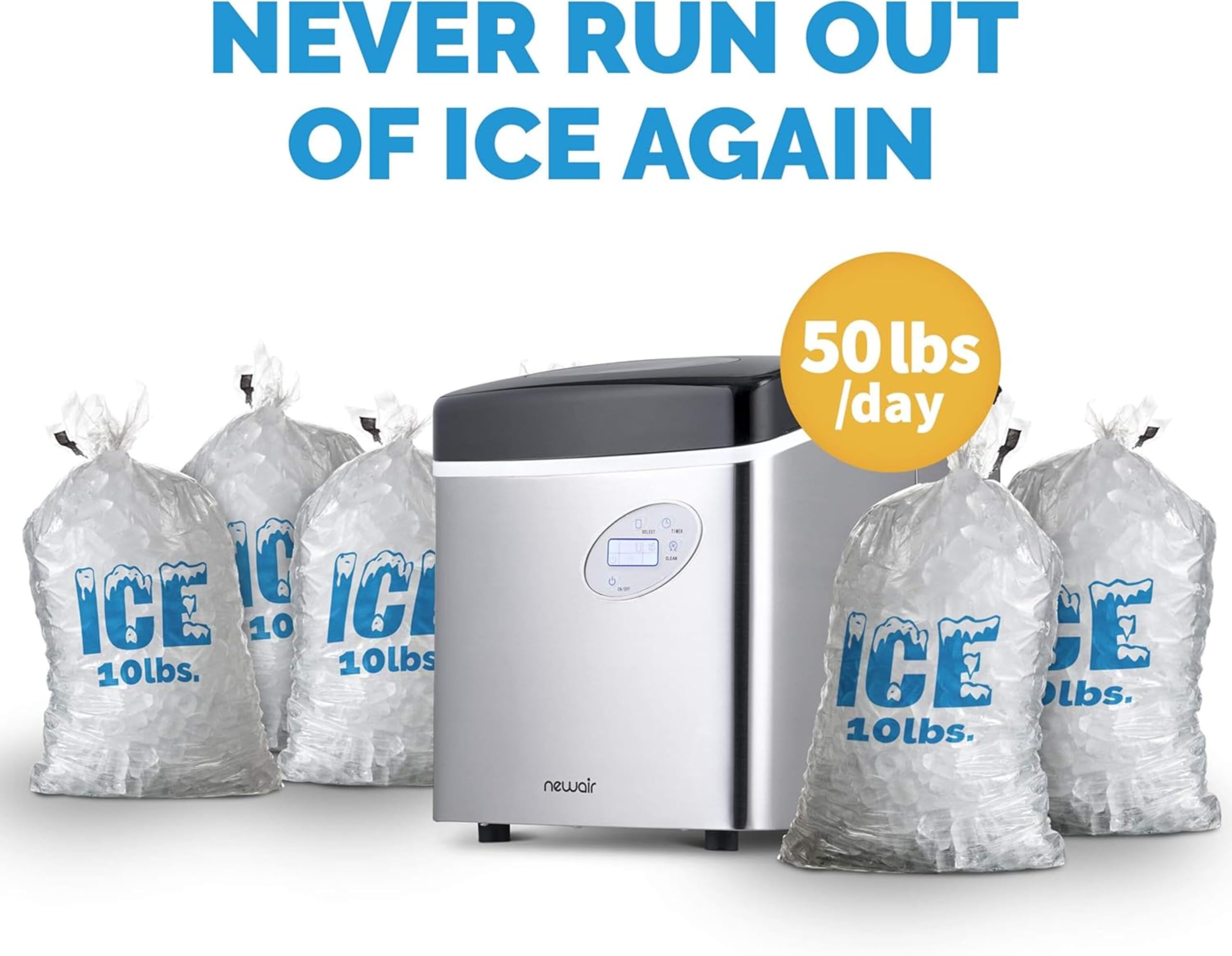 NewAir 50 lb. Countertop Ice Maker | Portable Bullet Ice Machine | 12 Cubes in 7 Minutes, 3 Ice Sizes | Stainless Steel, Self-Cleaning, BPA-Free on Fridge.com