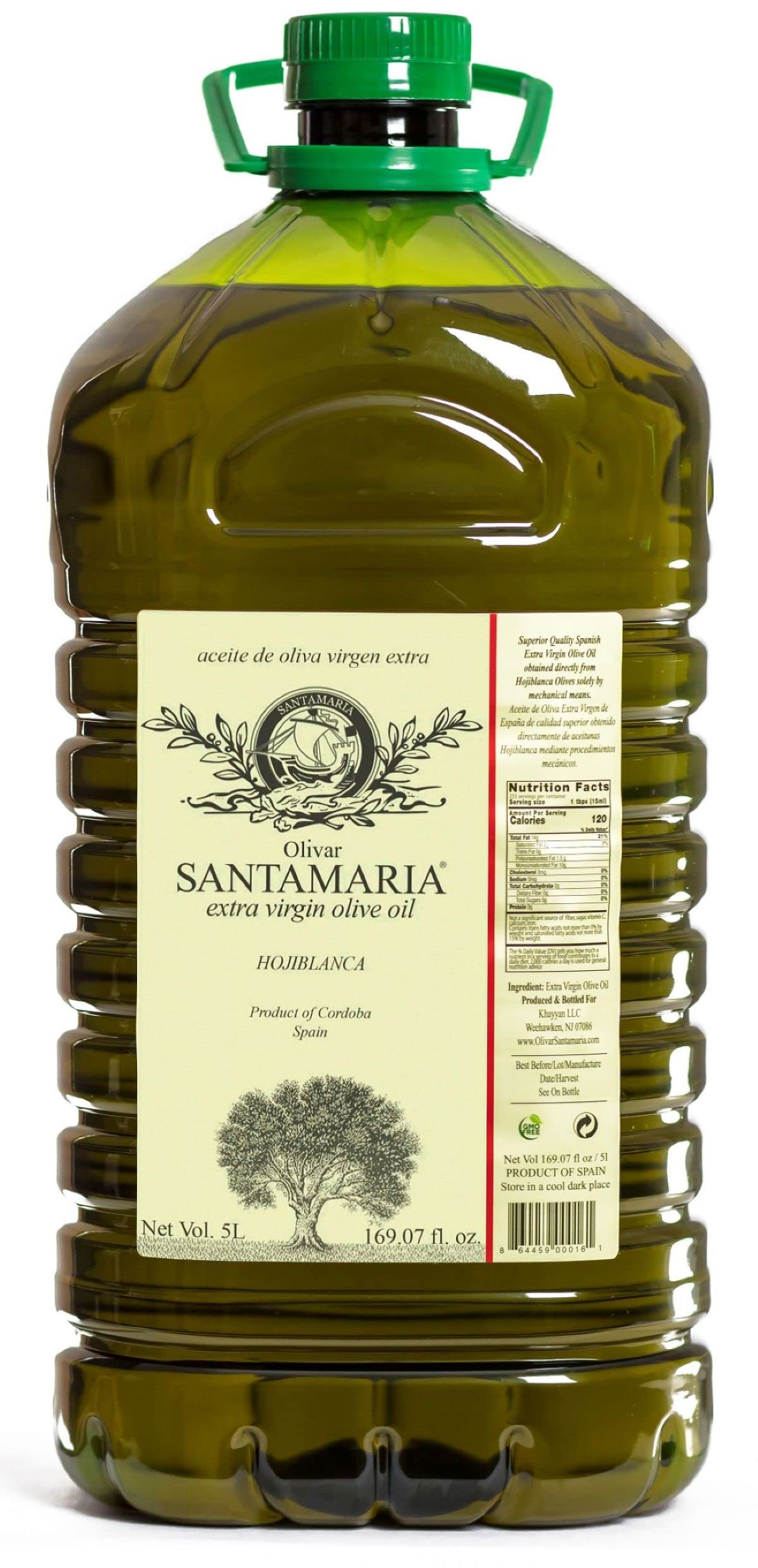Olivar Santamaria | Extra Virgin Olive Oil | Premium Hojiblanca Variety | First Cold Pressed | Spain | High Polyphenol | Perfect for Salad Dressings | Cooking | Frying & Marinades | 169.07 Fl Oz (5 Liter)