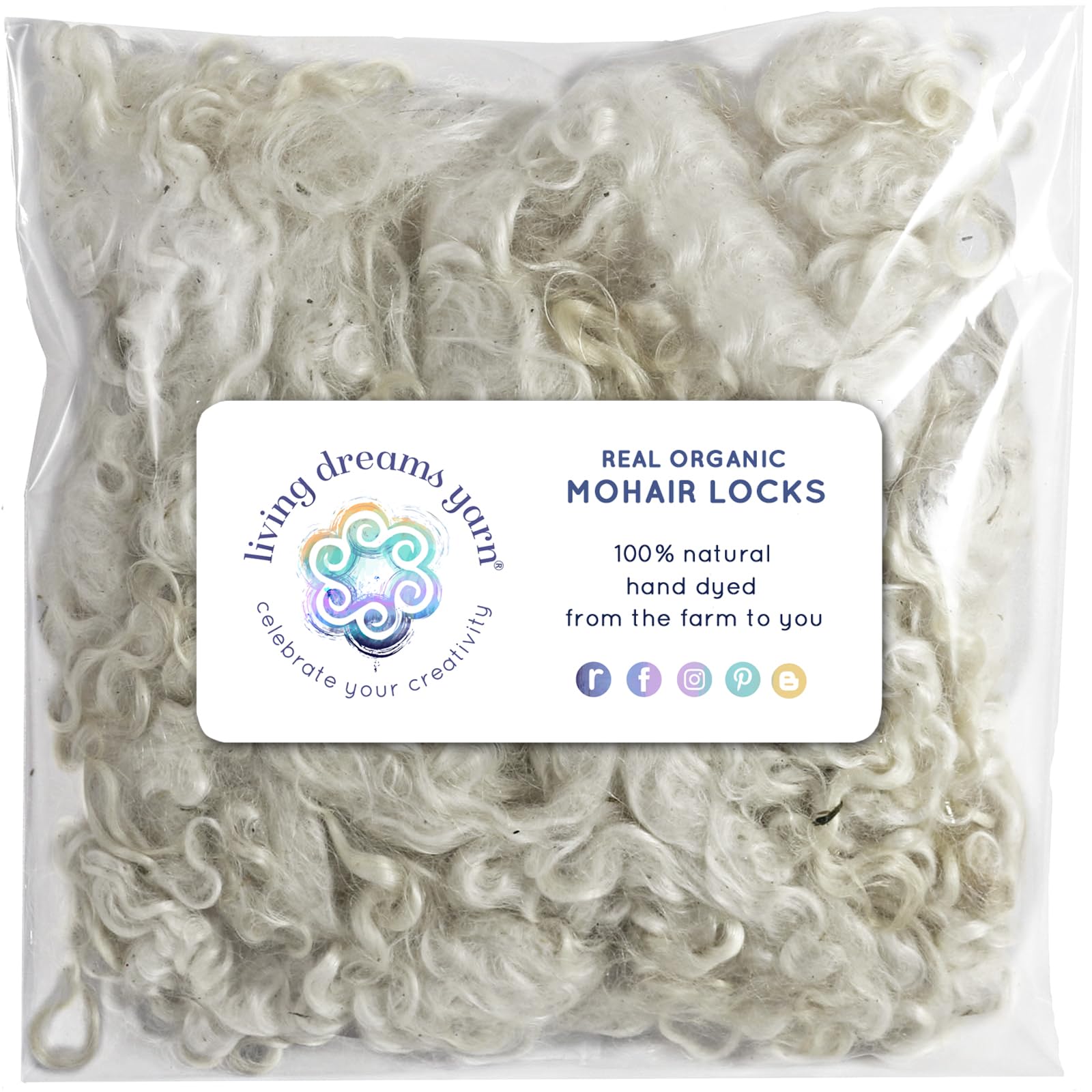 Living Dreams Yarn Real Mohair Locks. Organic Natural White Wool Fiber for Doll Hair, Santa Beards, Wigs, Felting, Blending, Spinning and Wall Hangings. White, 1 Ounce (28g)