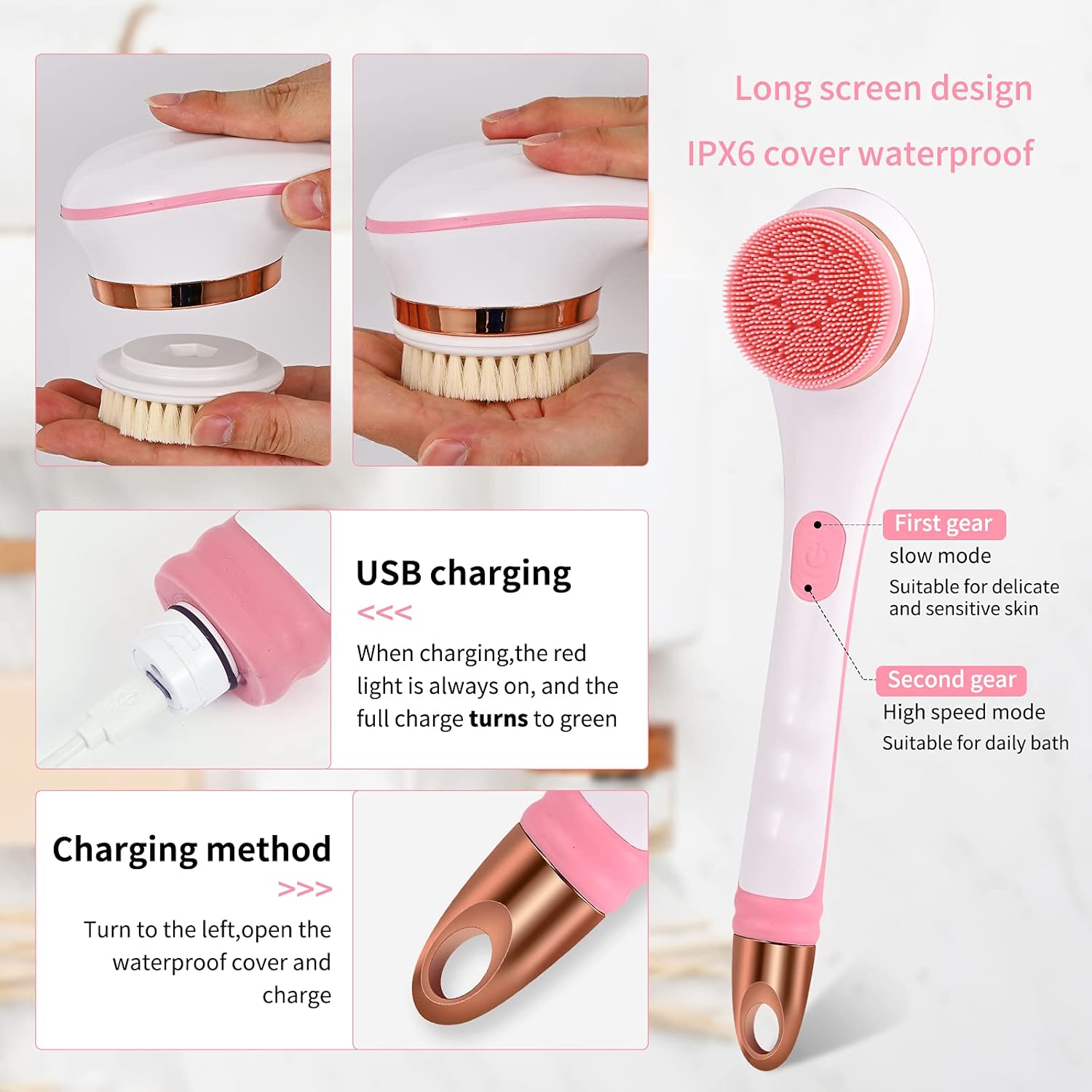 NAGRAN Electric Shower Brush Rechargeable Rotating Long Handle Back Scrubber Suitable for Body Cleansing Exfoliation Waterproof and Non-Slip with 4 Types of Brush Heads (Pink) : Beauty & Personal Care