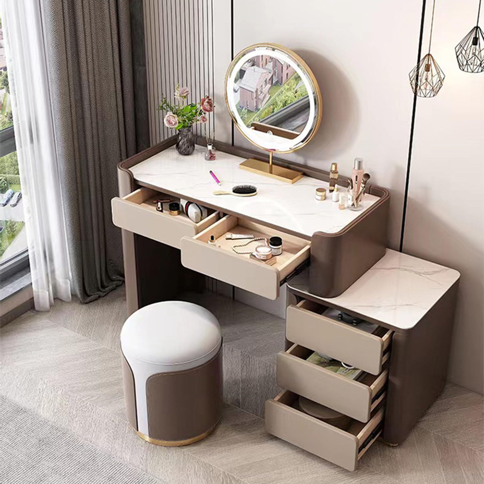 Banc rond en cuir synthétique – Repose-pieds rembourré avec base en métal – Repose-pieds élégant pour salon, chambre à coucher, foyer, salle de boue – 32 x 42 cm