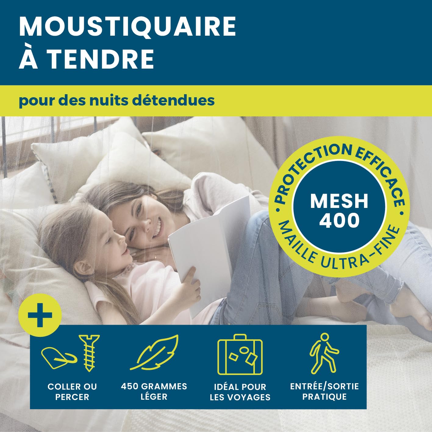 HOBERG Moustiquaire de Voyage | Moustiquaire XXL pour lit bébé, lit Simple et lit Double | Tente moustiquaire d'extérieur 400 Mesh pour Balcon | Auvent Anti-Insectes à Coller ou à Visser - 60 cm Ø