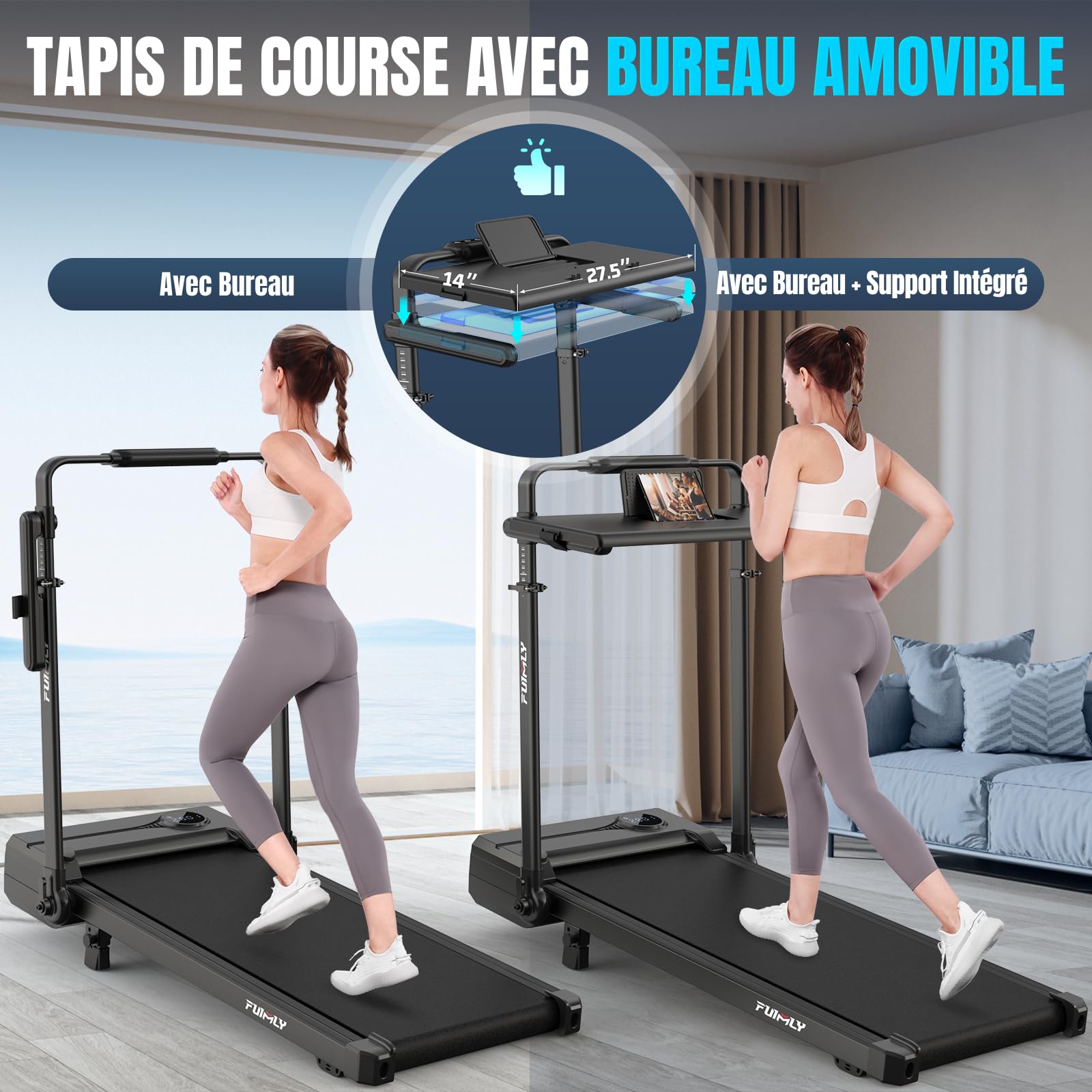 Tapis de Course Pliable Inclinable avec Bureau, Tapis de Marche Inclinaison 9%, avec Barre, Capacité 136 kg+, Bureau Réglable en Hauteur et Amovible, Compact, Moteur 3,5 CV, pour Maison/Bureau