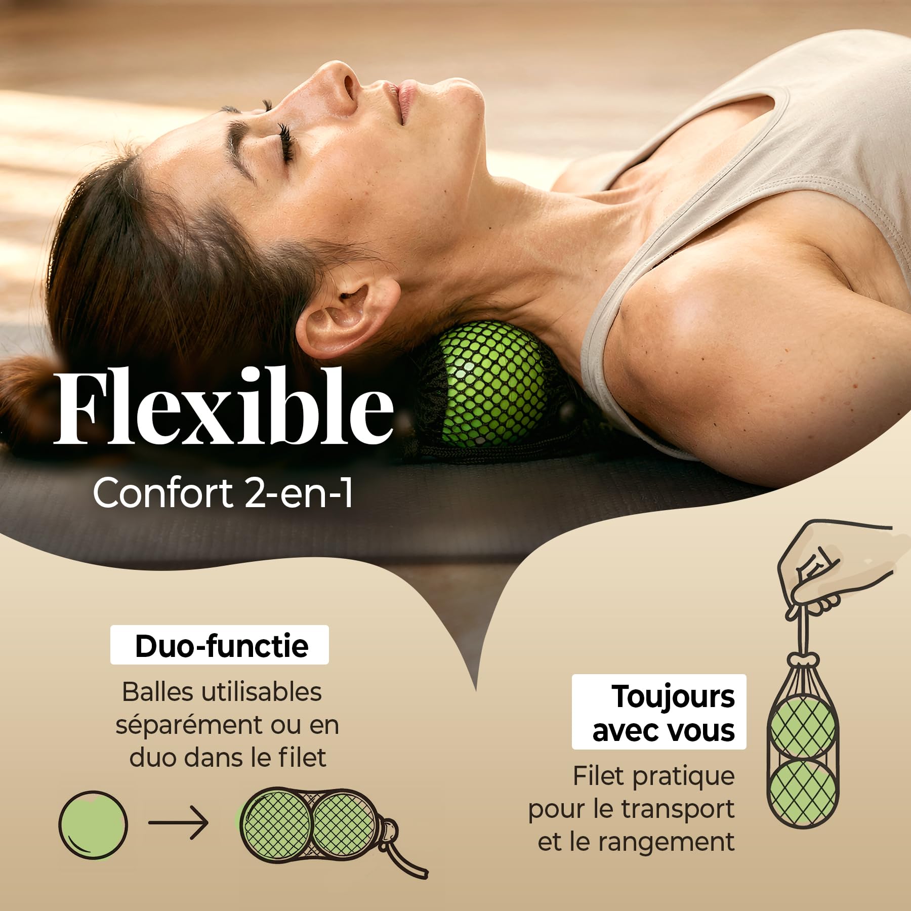 boule fascia 6,3 cm en caoutchouc naturel (set 2 + filet) – souple, qualité premium pour auto-massage & points trigger – idéal dos, nuque, pieds, yoga & pilates