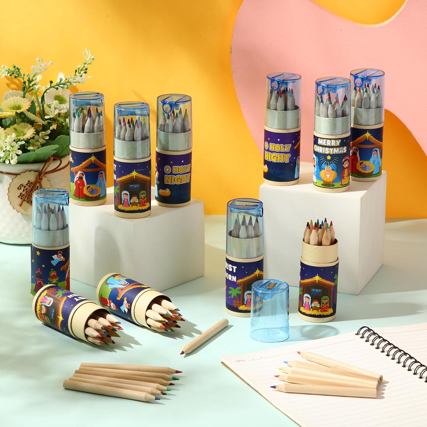 Crtiin 30 Set Christmas Pencils with Sharpener Operation Christian Gift Bulk Mini Colored Pencil with Sharpener in Tube Christmas Crayons Jesus Figures Pencils for Church Charity Donate