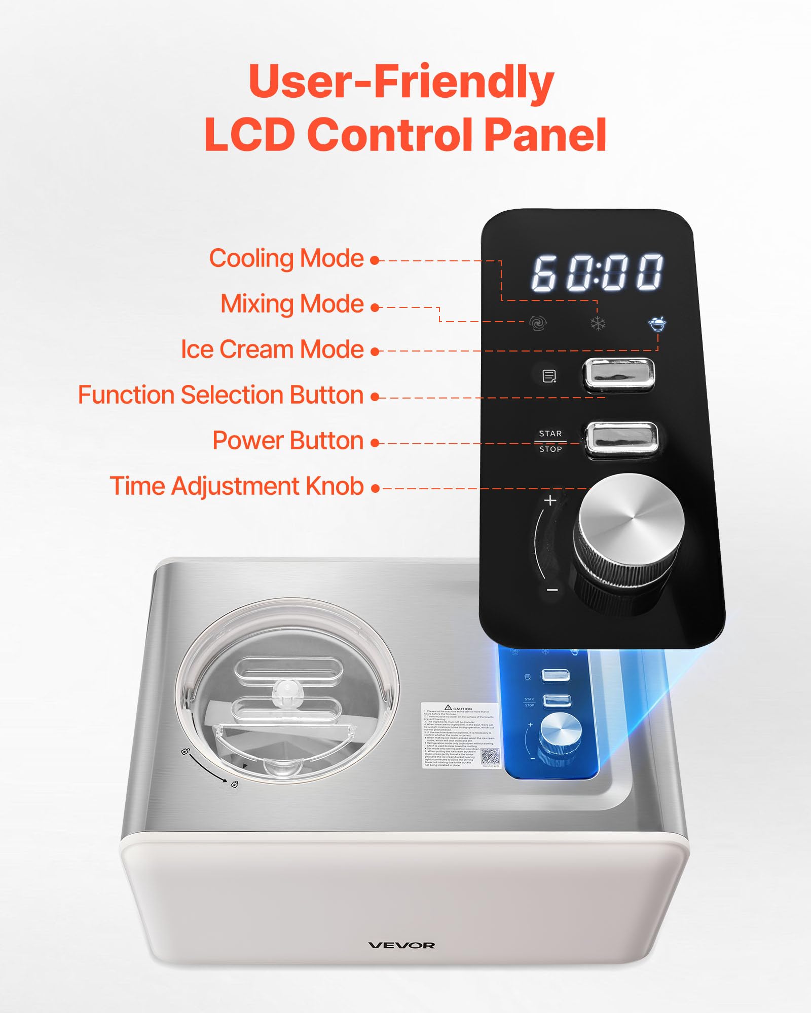 VEVOR Gelatiera Automatica con Compressore Integrato, Macchina per Gelato Senza Precongelamento 2 L Sorbettiera Elettrica a 3 Modalità, Macchina per Gelato con Compressore per Casa