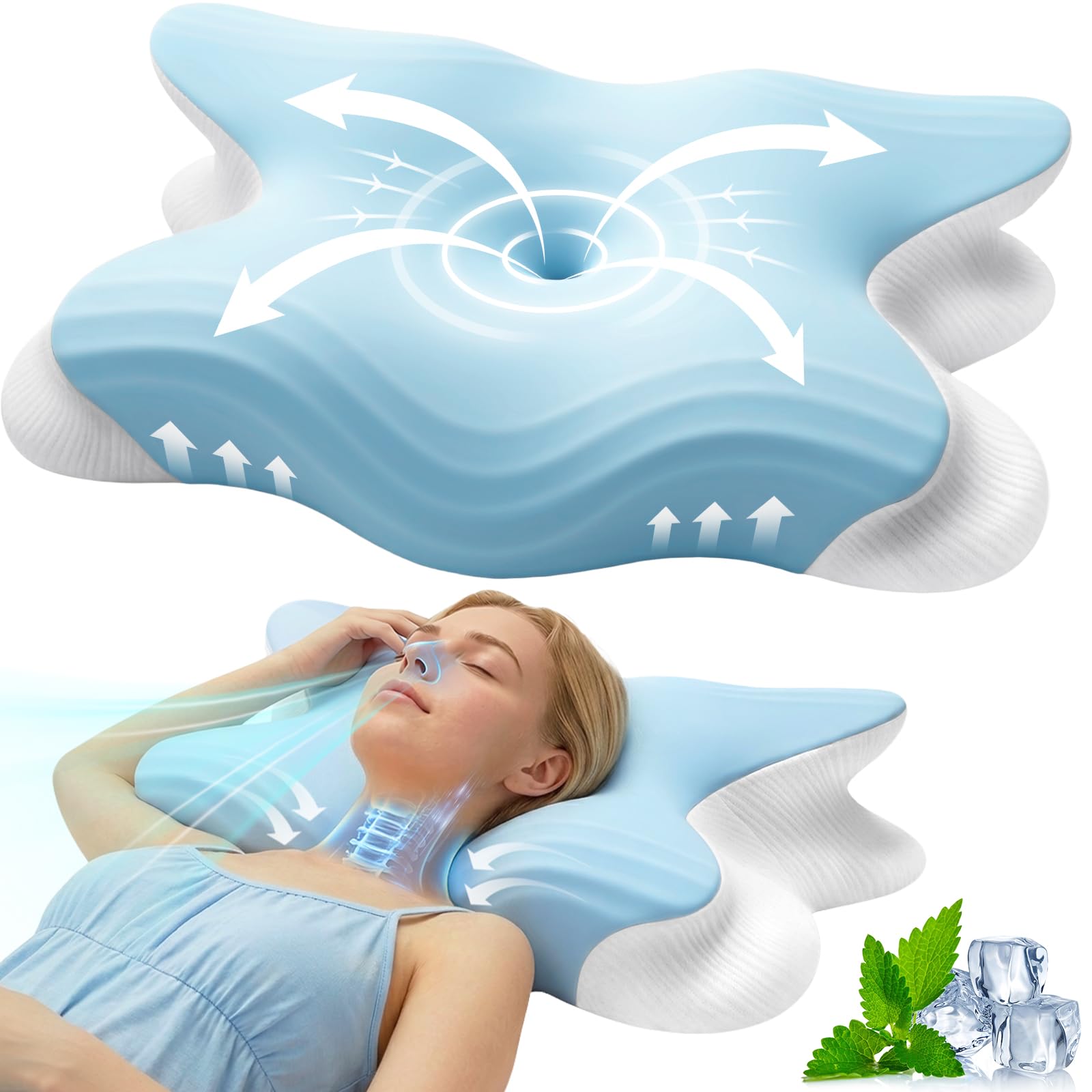 Cuscino Cervicale per Dormire, 2 in 1 Cuscino Cervicale Ortopedico, Cuscino Memory Foam, Cuscini Ergonomico Cervicale, Guanciale Cervicale per Dormitori Laterali, Supini e Proni