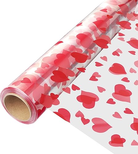JOYIT Rollo de celofán para el día de San Valentín de 100 pies con corazón (17.5 pulgadas x 100 pies), rollo de celofán de 3 mil de grosor para el