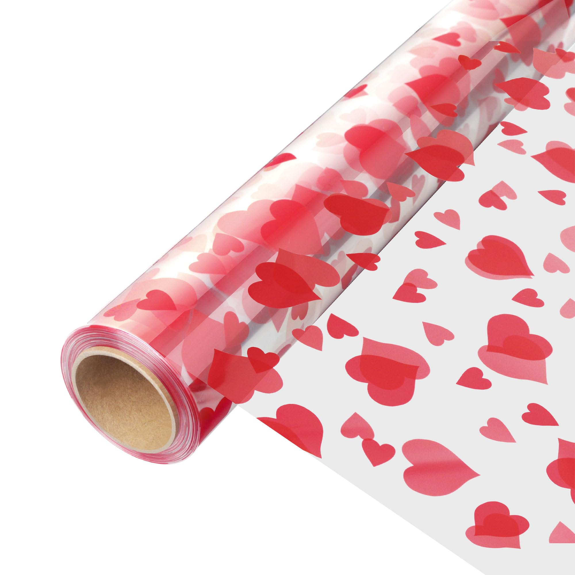 JOYIT 100ft Clear Cellophane Wrap Roll with Heart (17.5 in x 100 ft) - 3 Mil Thick Red Heart Cellophane Roll, Heart Cellophane Bags Large for Flower