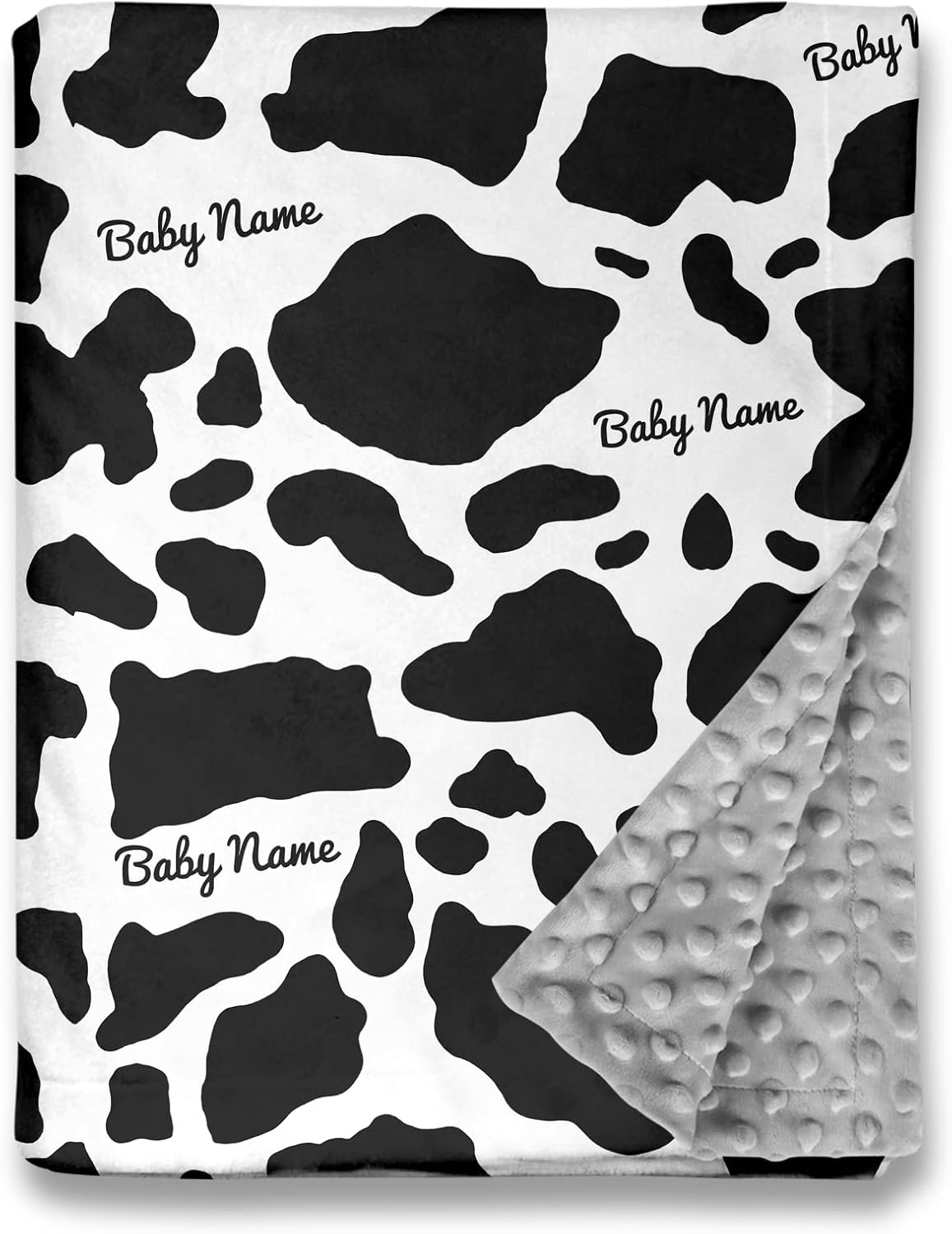Cow Print Baby Blanket Custom Name for Newborn Boys, Super Soft Double Layer Toddler Crib Blanket, Dotted Backing, 30 x 40 inch, Cow Pattern, Personalized
