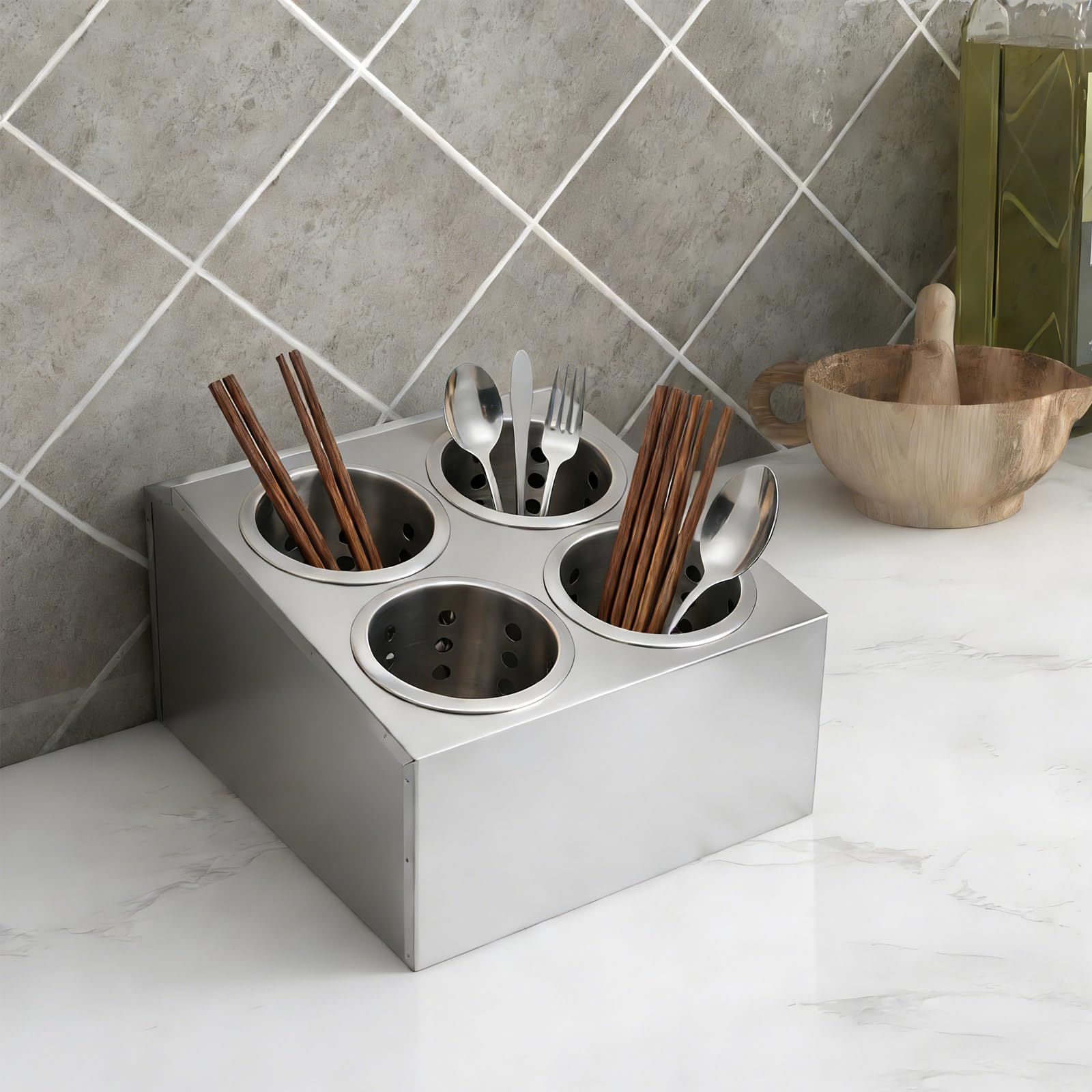 4 compartimentos de acero inoxidable para utensilios de cocina, organizador de cubiertos, cesta para utensilios, con orificios de ventilación, para palillos, cucharas, cuchillos y tenedores
