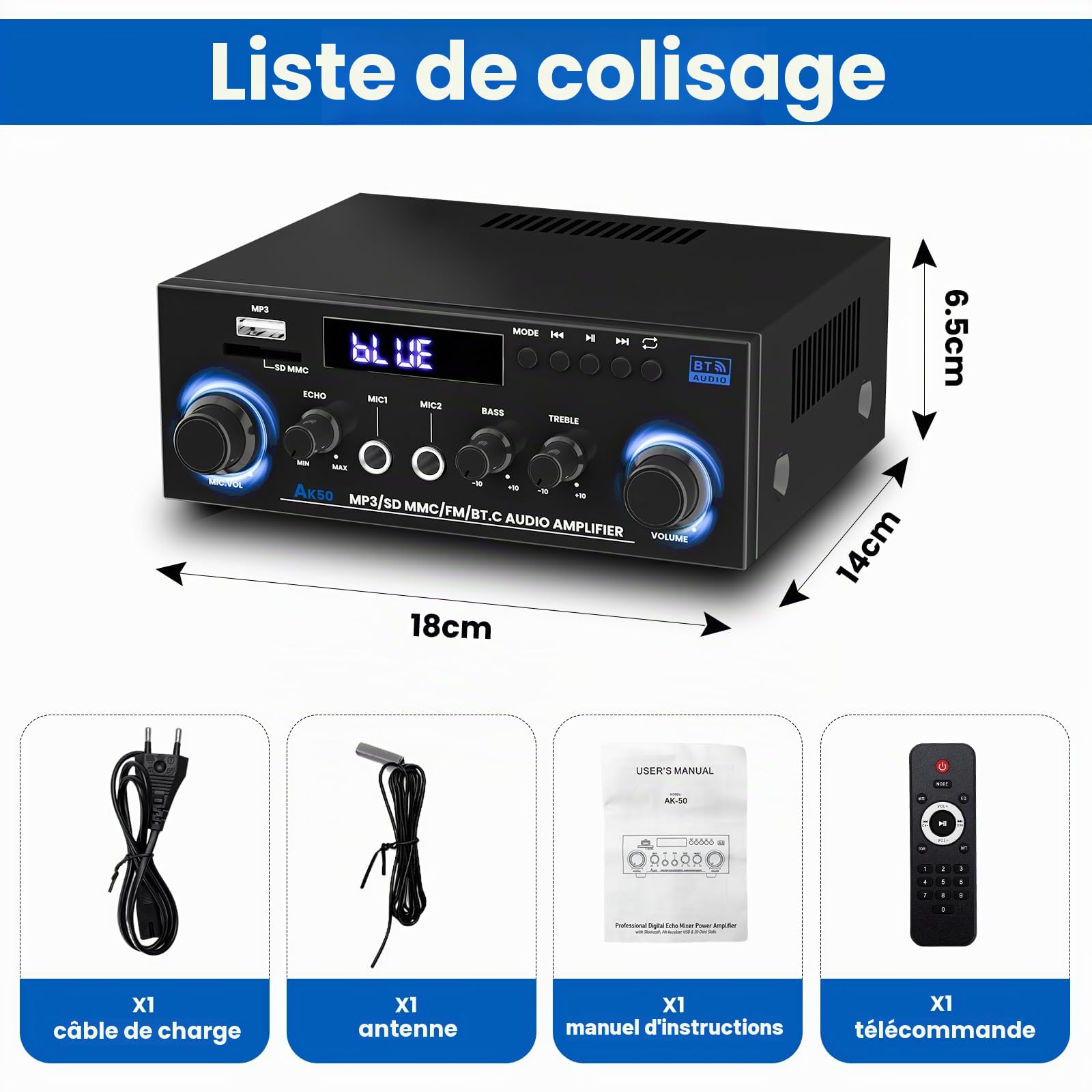 Amplificateur audio stéréo HiFi 2 canaux 500 W (1000 W max.) - Bluetooth 5.3, écran LCD, alimentation 12 V/220 V - Compatible USB/SD/FM/RCA - Pour la maison, la voiture et le karaoké - Avec télécomman
