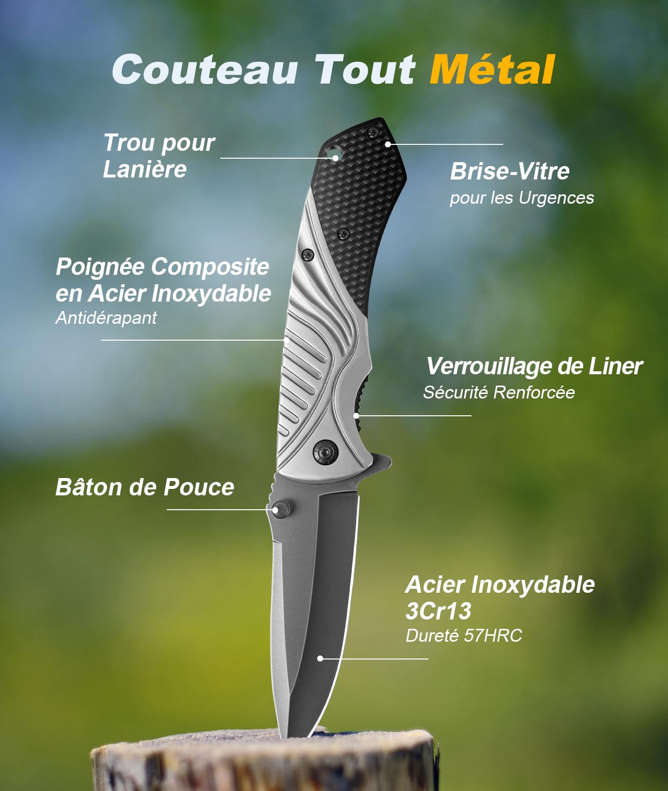 ISEYOU Couteau Pliant Acier Inoxydable 3Cr13 Revêtue Titane Brise-Vitre Survie EDC