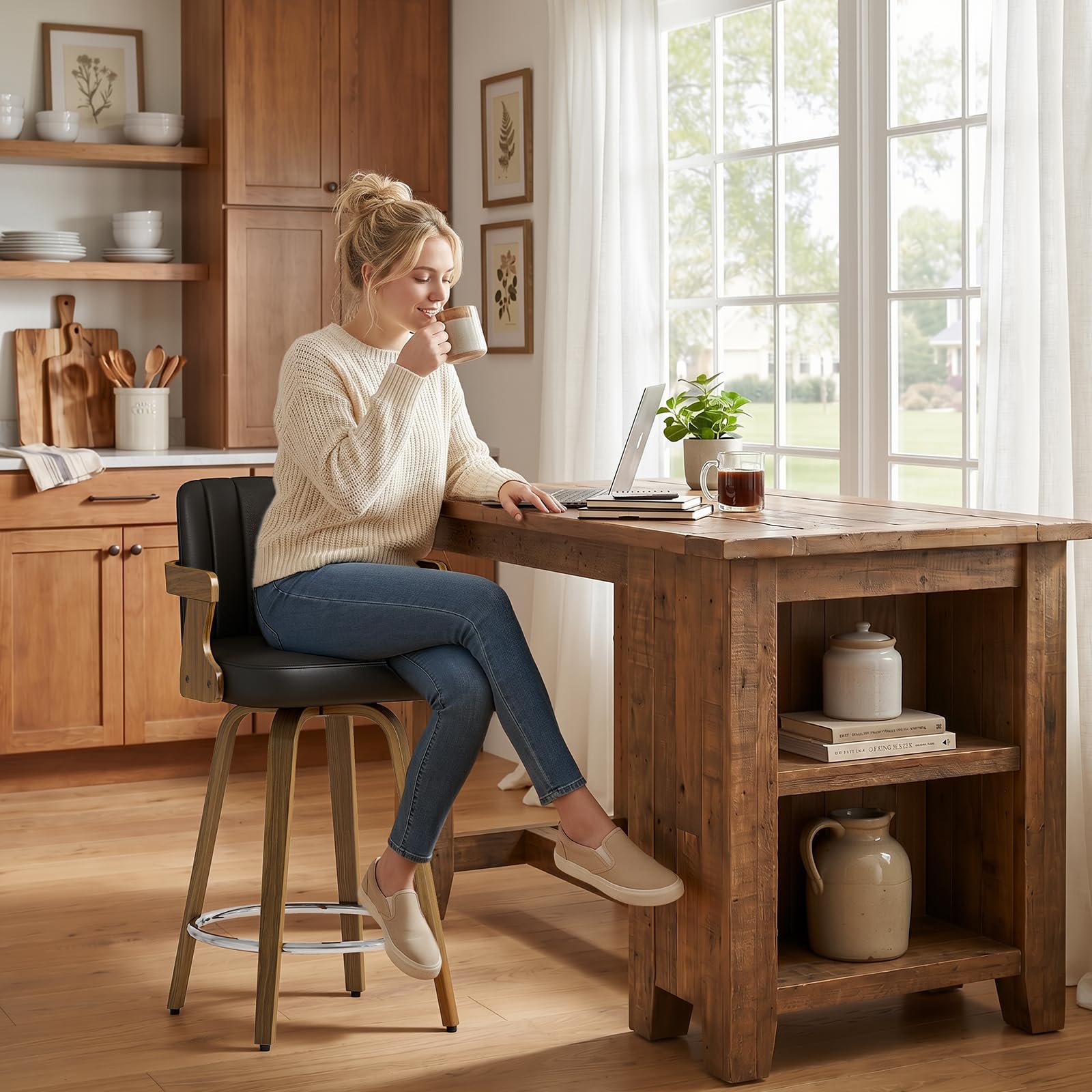 WOOW DEPOT Black Single Bar Stool, 65CM Swivel Counter Height Barstool with Walnut Wooden Arms, High Back Faux Leather Upholstered Kitchen Island Stool for Kitchen Counter, Support 150KG â image 1