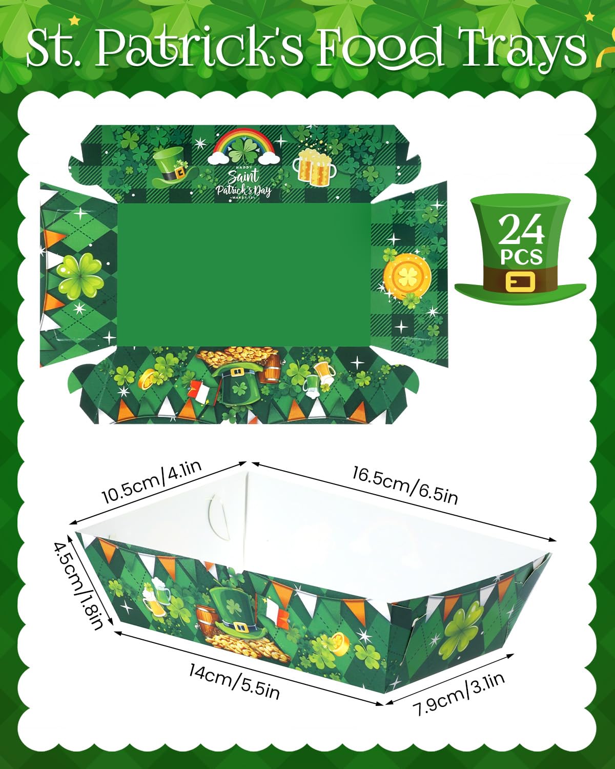 Glavatrix 24 PCS St. Patricks Day Paper Food Trays, Green Snack Serving Trays Decorations for Irish Food, Disposable Paper Platters for St. Patricks Day Party Supplies, Snack Bar, Family Gatherings