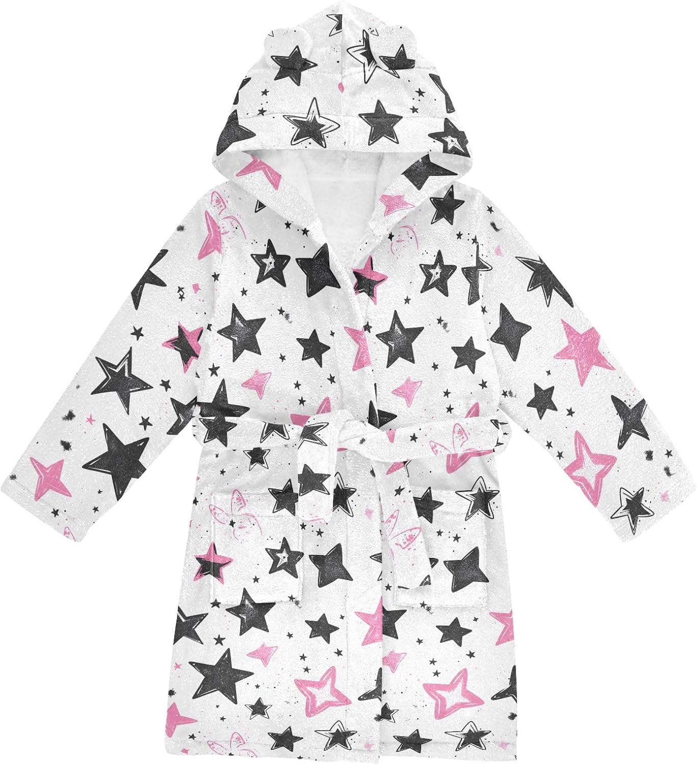 Black Star Prints Toddler Hooded Bathrobe for Boys Girls Soft Plush Bath Towel Robe 2-12 Years