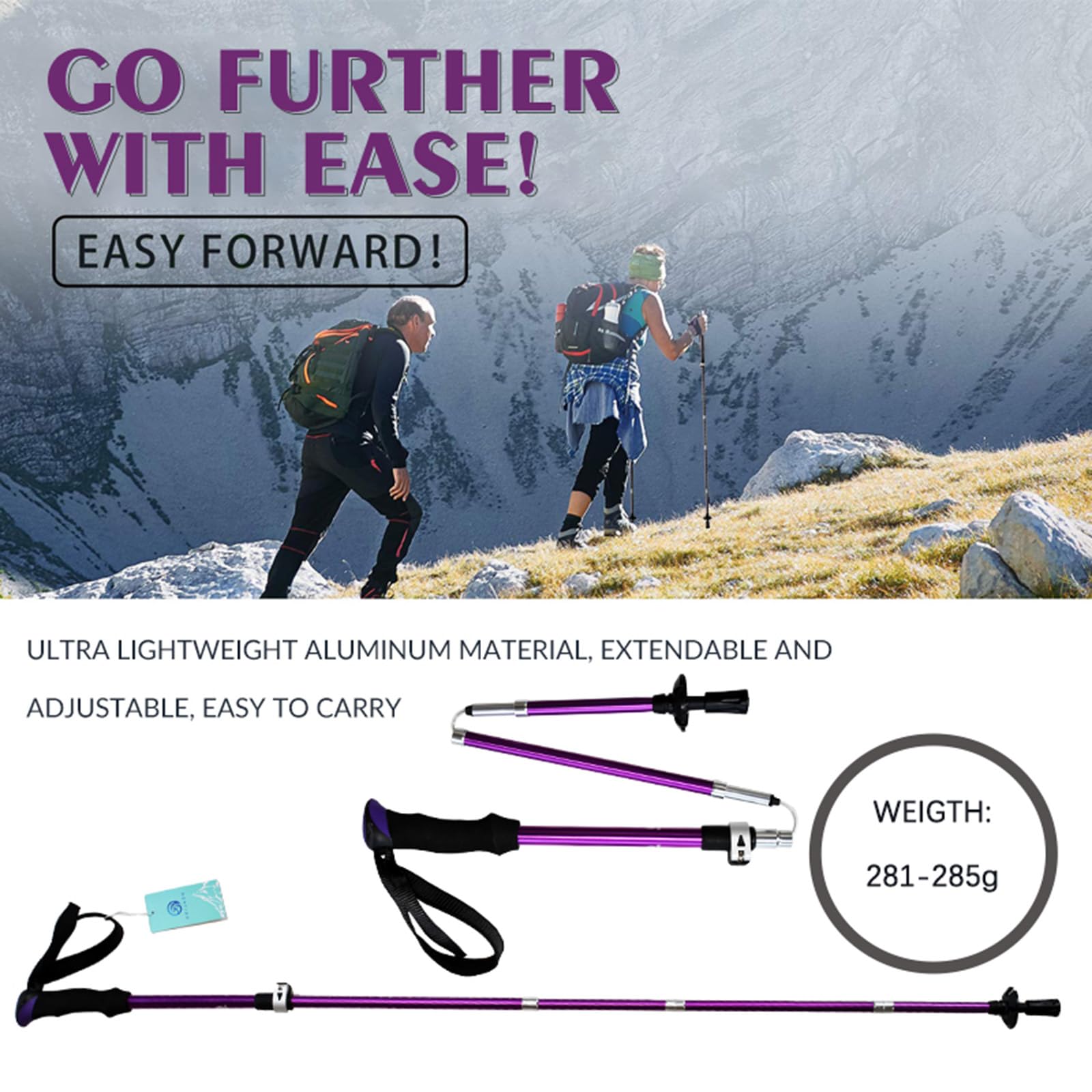 O kijki trekkingowe (2 ps), teleskopowe składane, kijki trekkingowe ze stopu aluminium, lekkie i trwałe, odpowiednie do wędrówek, wspinaczki (110-135 cm)