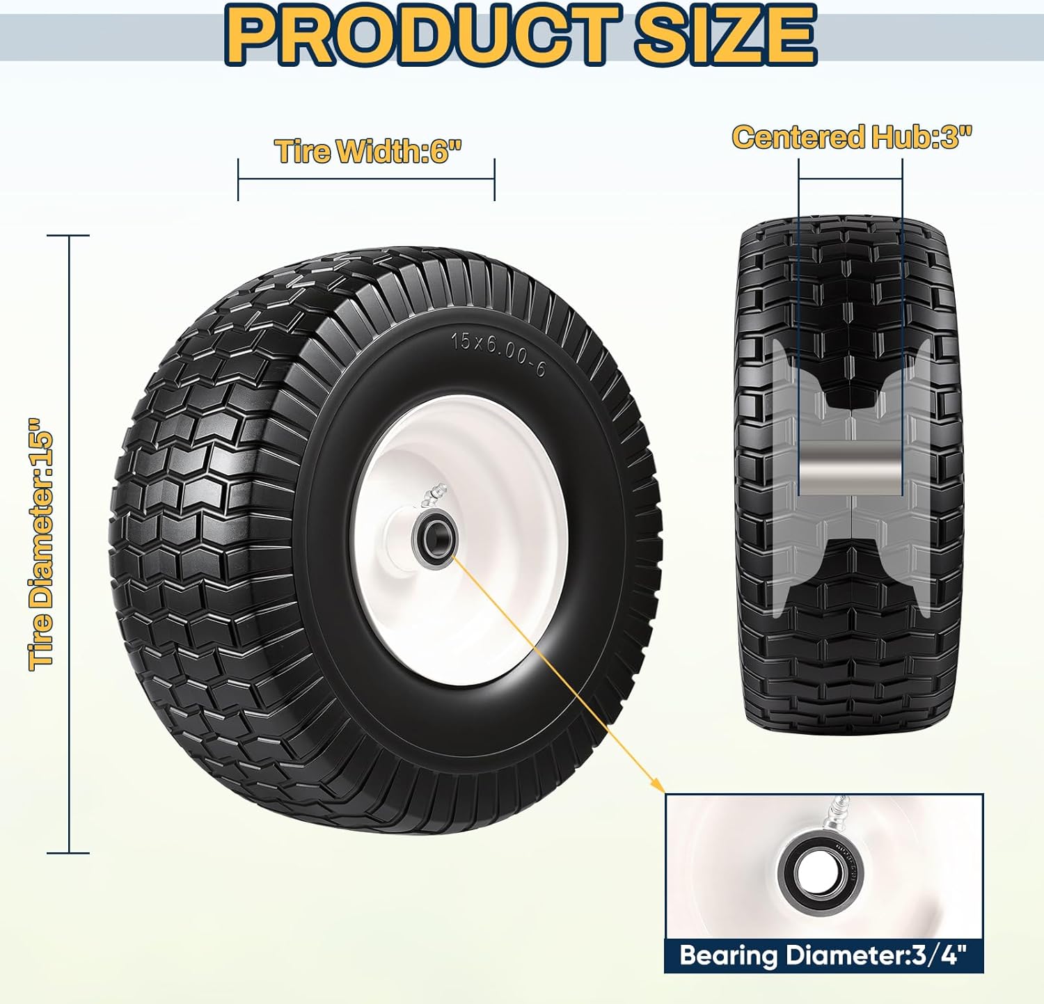 15x6.00-6 Flat Free Lawn Mower Tire and Wheel, 15x6-6 Front Tire Assembly Compatible with John Deere Husqvarna Riding Mowers Lawn Tractors, with 3/4" & 5/8" Bearings, 3" Centered Hub, 2 Pack