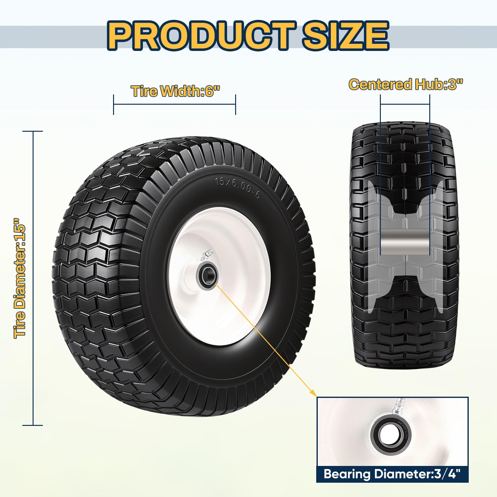 Neumático y rueda para cortacésped de 15 x 6.00-6, montaje de neumático delantero de 15 x 6-6 pulgadas compatible con tractores John Deere Husqvarna, con rodamientos de 0.75 y 0.63 pulgadas, cubo