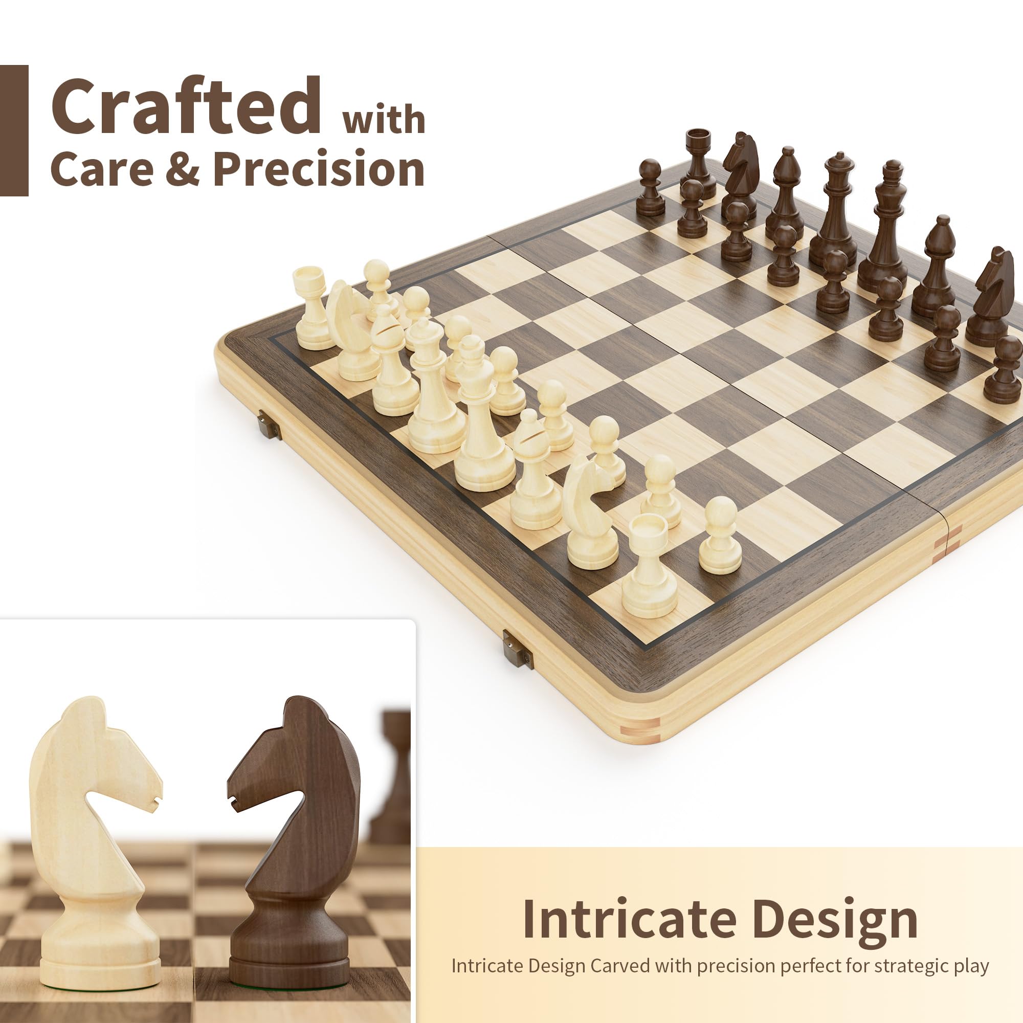 38 cm Holz Klapp-Schach- und Dame-Set, 2-in-1 Brettspiel, 7,6 cm König Staunton Figuren, 2 zusätzliche Damen (Black)