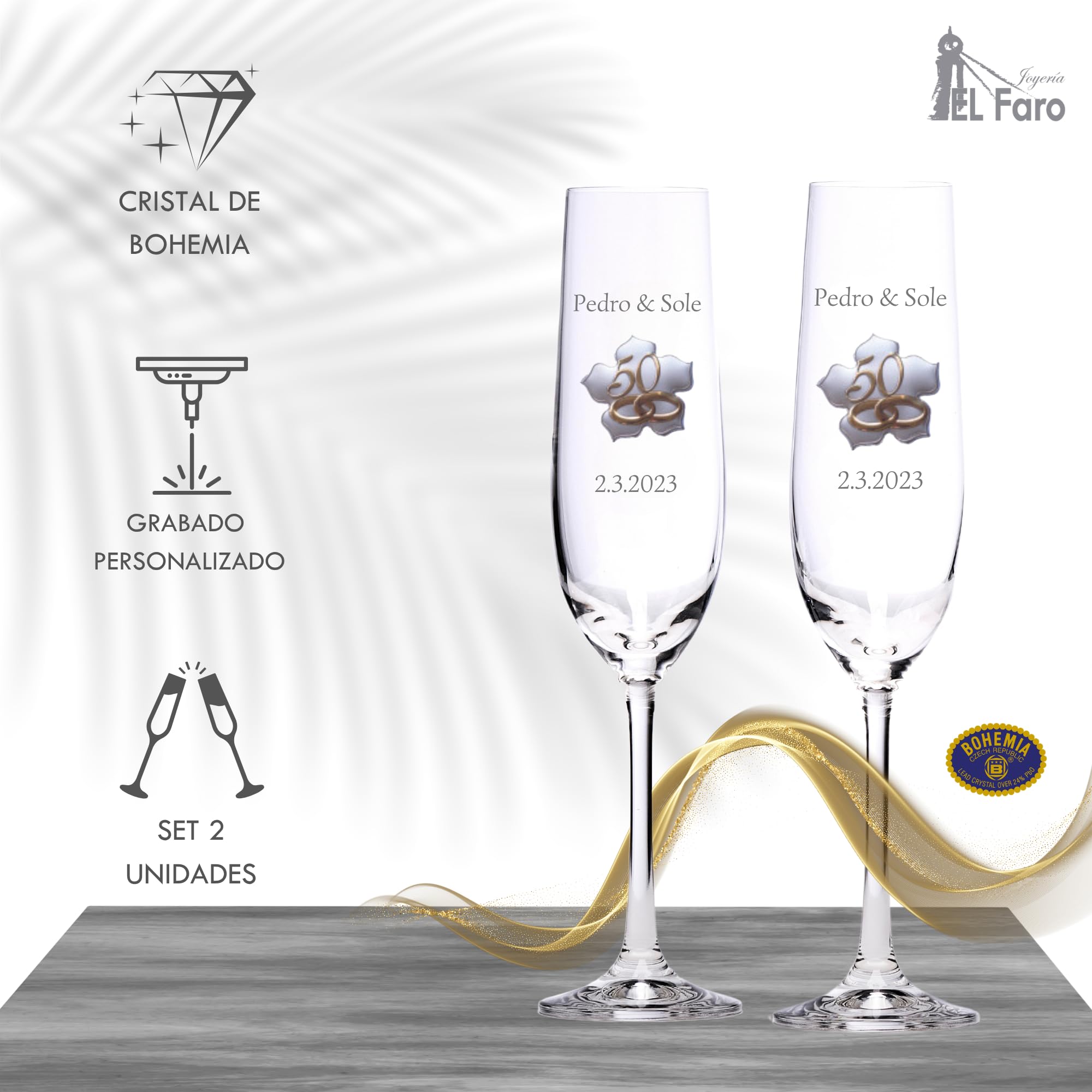 JOYERIA EL FARO Copas de Champán Personalizadas para Bodas de Oro – Juego de 2 Copas con Chapita Dorada en Forma de Hoja – Estuche Premium de Joyería – Regalo 50 Aniversario de Casados