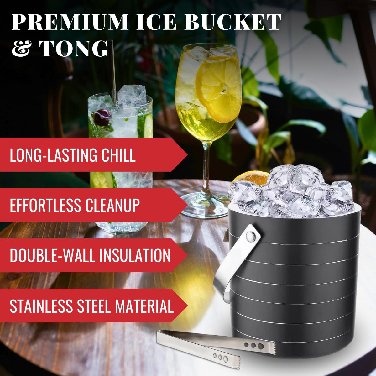 Bab Louie & Co. Double-Wall 1.8 L Insulated Stainless Steel Ice Bucket with Tong for Cocktail Bar, Elegant Black Ice Bucket for Cocktail Bar, Ice Buckets for Parties with Lid - Image 3 thumbnail