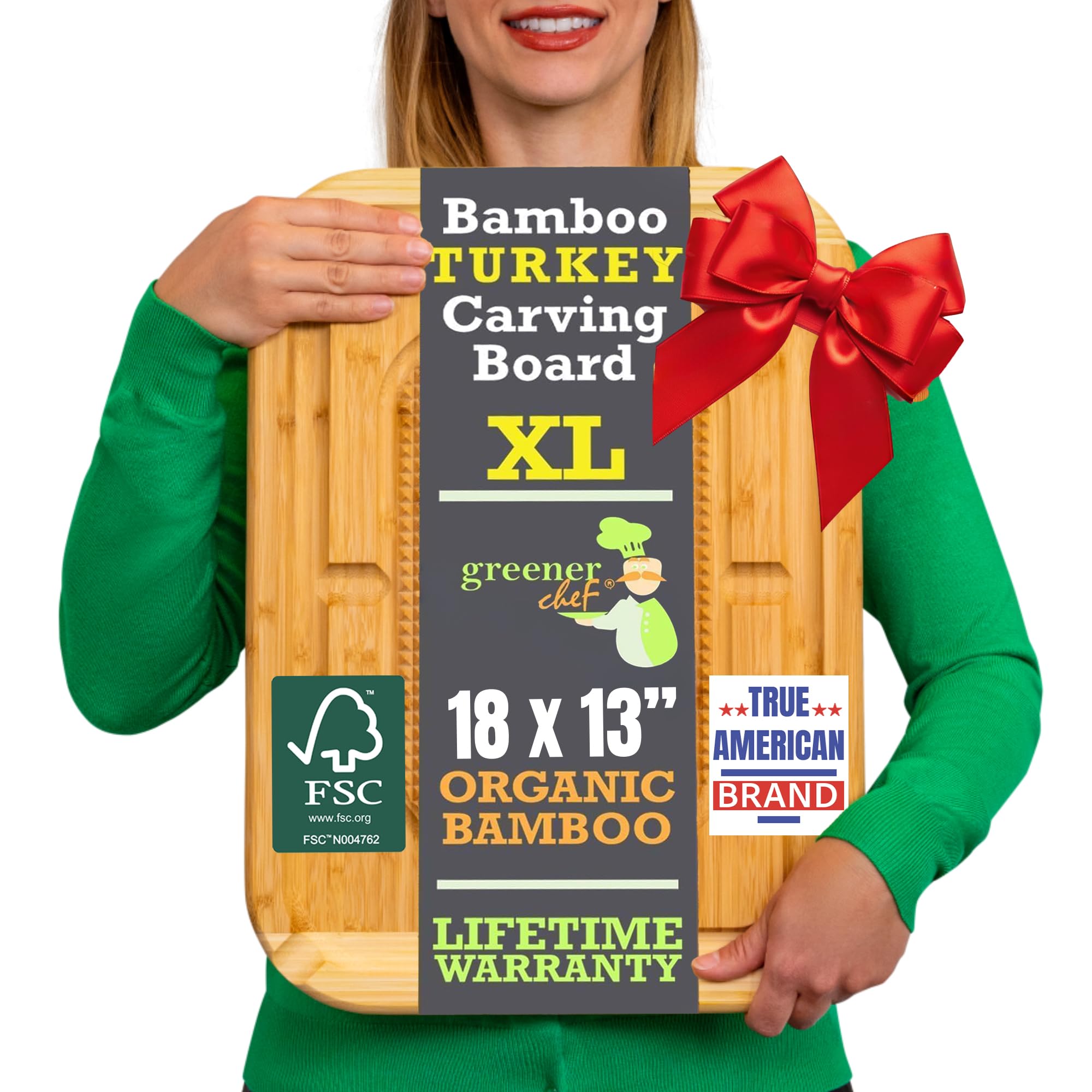 GREENER CHEF 18 Inch Extra Large Organic Turkey Carving Board with Lifetime Replacements - XL Wooden Butcher Block Meat Cutting Board with Pour Spout