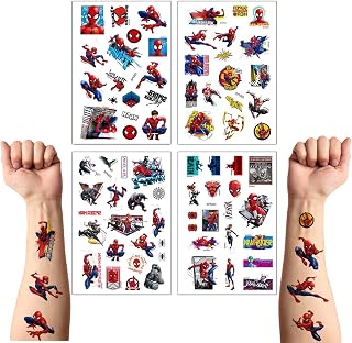4 Sheet Spiderman Tattoos for Kids, Avengers Temporary Tattoos Stickers for Boys,Fake Tattoos Spider Man Stickers for Children's Stick on Tattoos SuperHero Theme Birthday Party Bag Filler Gift