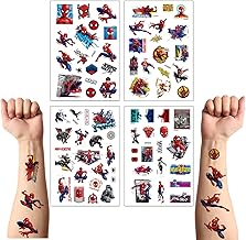 4 Sheet Temporary Tattoos for Kids,Children's Waterproof Fake Tattoos Stickers Spider SuperHero Theme Birthday Party Bag Filler Gift for Boys
