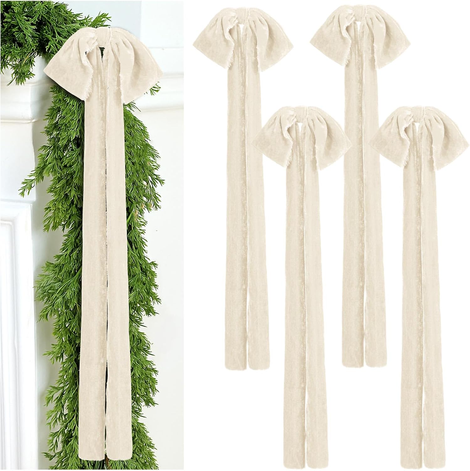 Daifunli 4 Pcs Large Velvet Bows for Christmas Tree 35.5 x 11.8 Inches Rustic Velvet Ribbon Bow Christmas Swag Wreath Staircase Bows Vintage Raw Edges Tree Topper for Indoor Outdoor Decor(Burgundy)