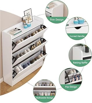 Shoe Storage Cabinets,Shoe Cabinet,Freestanding Shoe Rack Storage Organizer with 3 Flip Door,Shoe Storage Cabinet for Heels, Boots,Slippers (White)