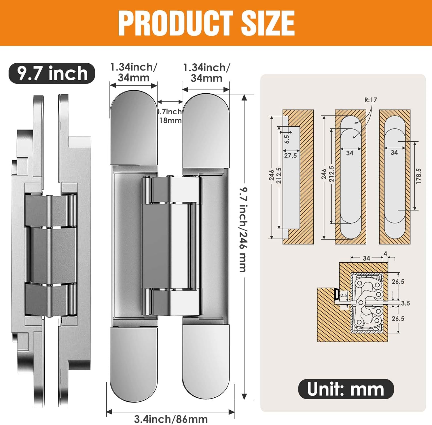 9.7" Hidden Door Hinge/Concealed Hinges,Invisible Hinges,Invisible Door Silent 180 Degree Swing Hinge 3-Way Adjustable Butt 9.7 x 3.3 x 1inch (Pack of 2) (Silver 10 inches)