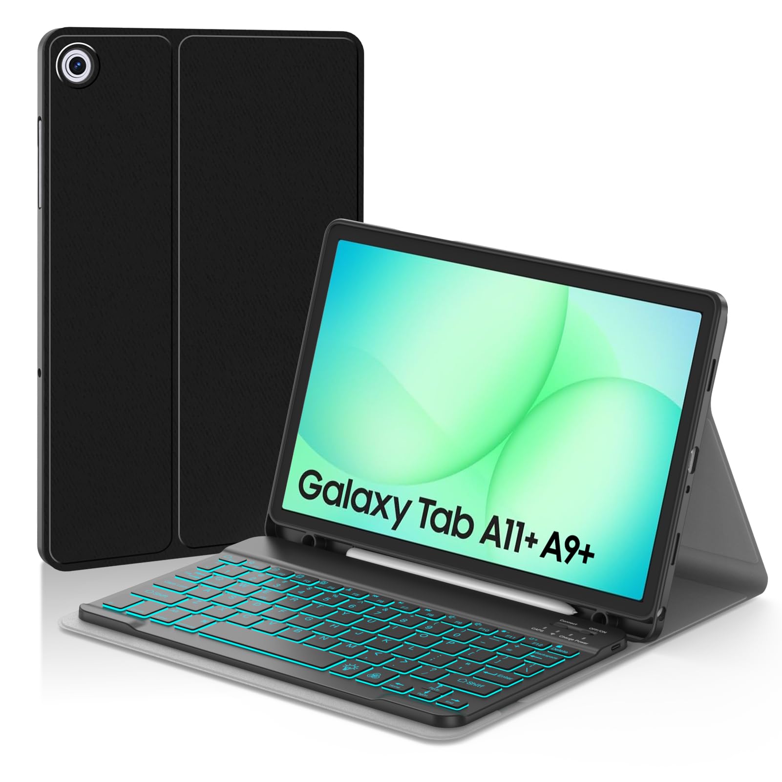 JUQITECH Backlit Wireless Keyboard Case for Samsung Galaxy Tab A11+ A9+ 11" | Detachable 7-Color Backlit Keyboard, Soft TPU Protective Case Cover, S Pen Holder, 420mAh USB-C, For Study, Travel, Office