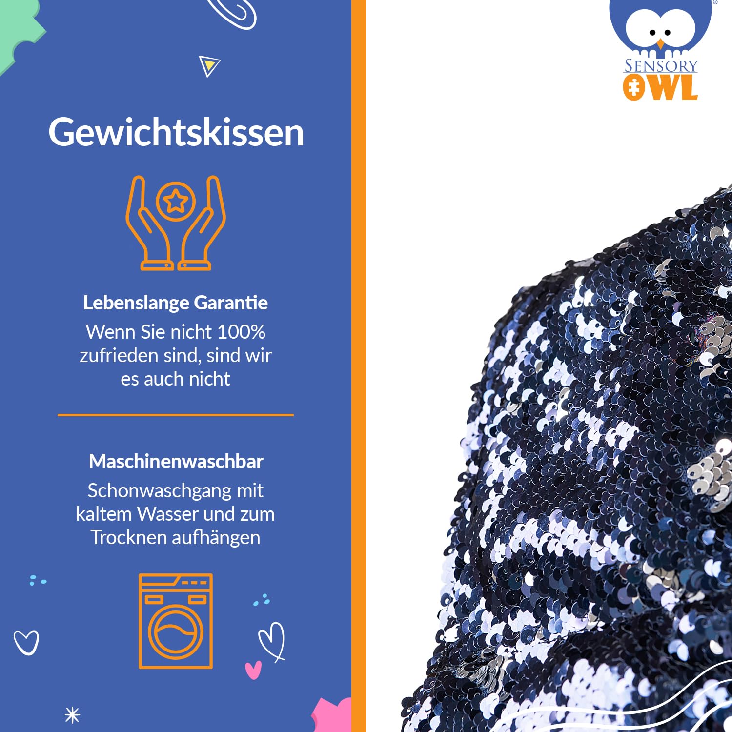 Gewichtskissen Gewichtetes Schoßkissen Beschwertes Kissen Kinder Erwachsene Sensorisch Stressabbau Autismus ADHD Hilfsmittel Pailletten Glasgranulat 30 x 40 cm 4 kg Marineblau Silber