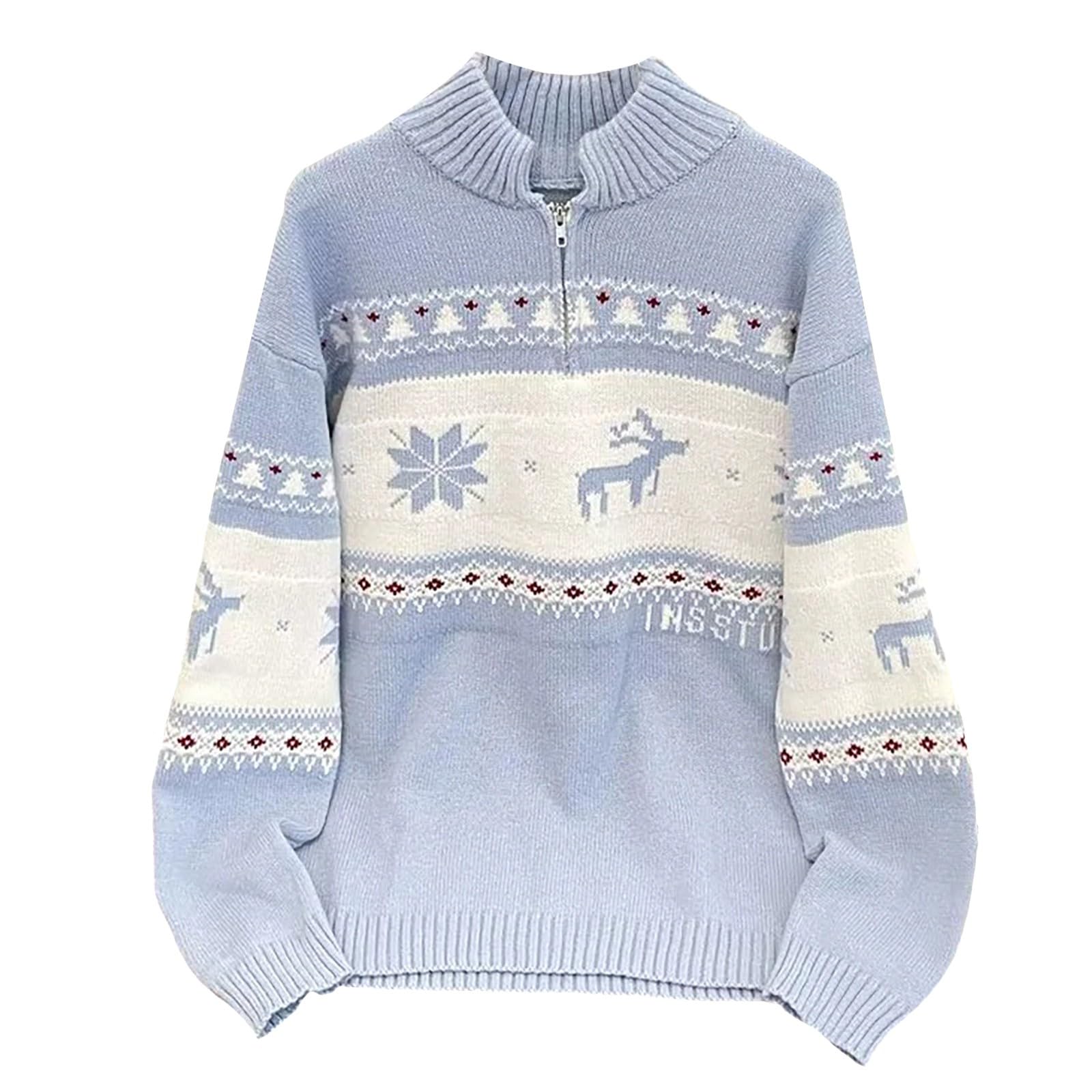Generico Maglia Uomo Maglia A Coste Collo Alto Mezza Zip Motivo Natalizio Calda Ideale per Le Cene E Uscite delle Feste Invernali