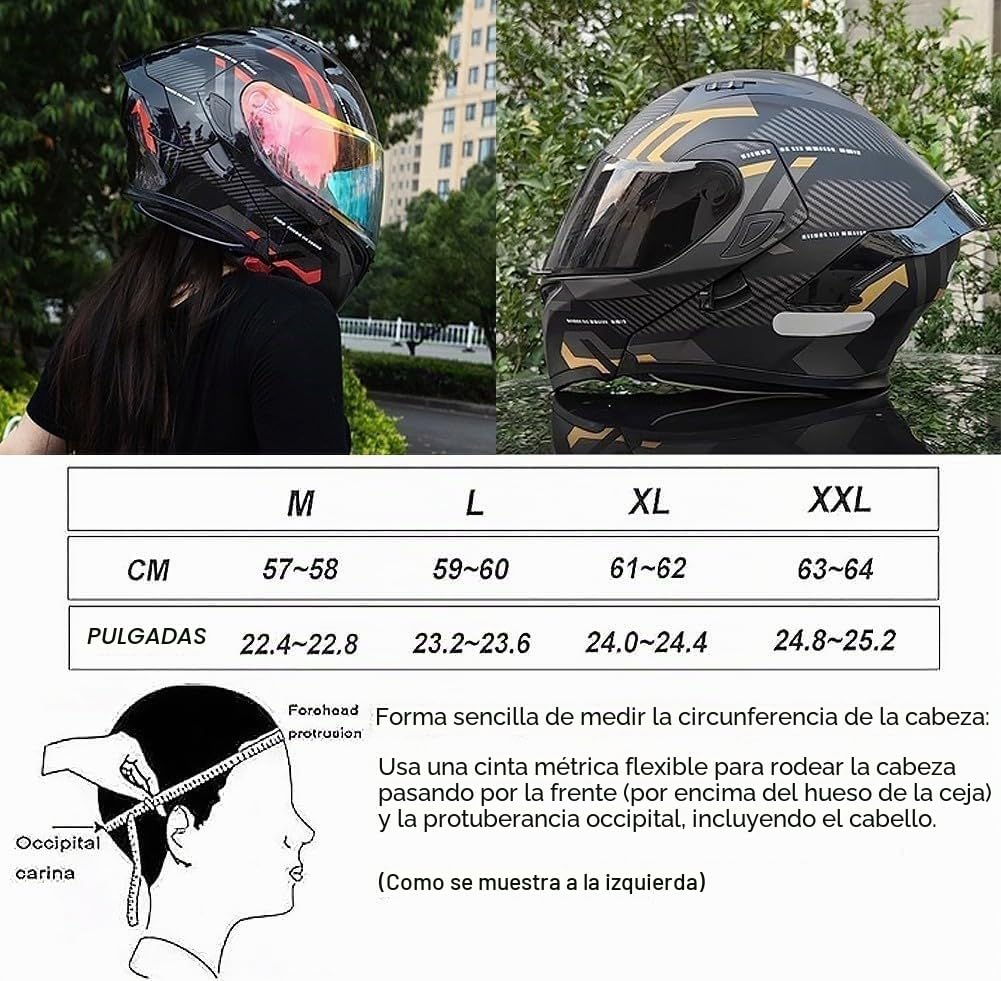 Casco de Moto Modular con Bluetooth, Integral, abatible, con Doble Visera, con Altavoz y micrófono duales, homologado por Dot/ECE, para Adultos, Hombres y Mujeres (Tallas M a XXL) I,L=59-60CM