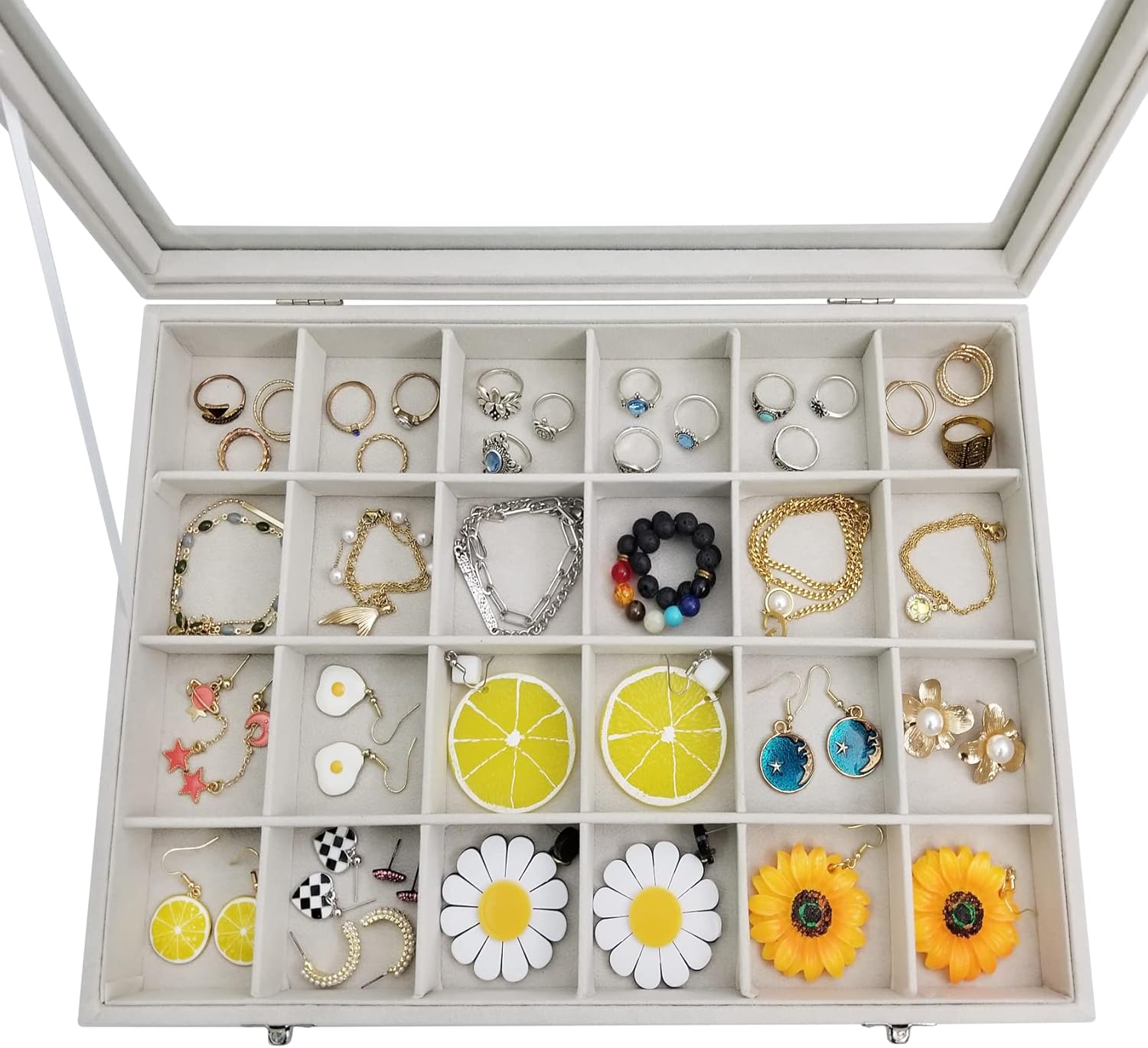 24 Grids Jewelry Box Removable Earrings Rings Organizer Box with Clear Lid for Women Wife (Beige)