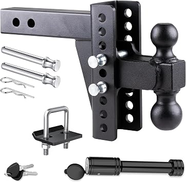 Adjustable Trailer Hitch Ball Mount for 2 Inch Receiver, 6" Drop/Rise Tow Hitch with 2" & 2-5/16" Dual Ball, Heavy Duty 20,000 LBS Capacity Truck Hitch Receiver, Powder Coated Steel with Hitch Lock