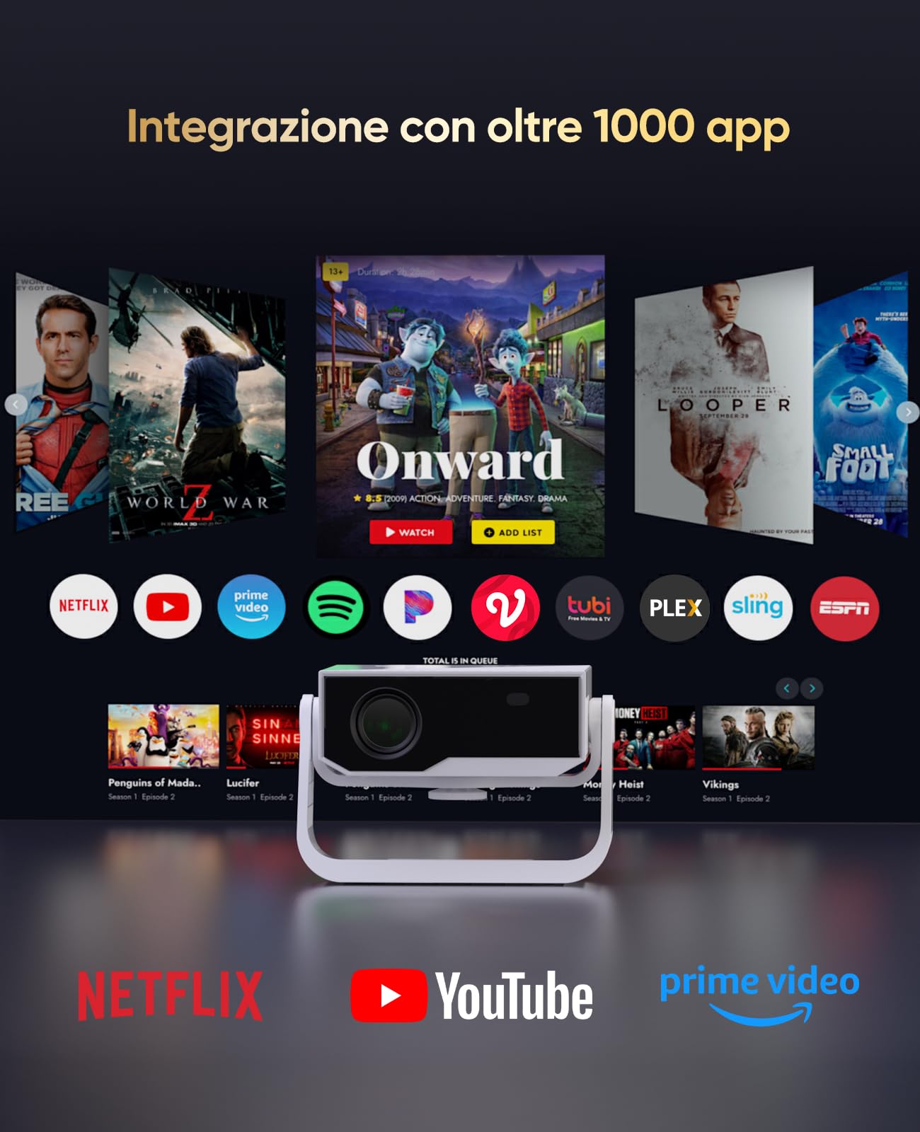 Proiettore intelligente Wielio Android 11, Supporto FHD 1080P 4K, WiFi6 & BT5.2, Basso Rumore del Vento (< 29,8 dB), Supporto Regolabile a 120°, Elettrico Focus, Trapezio Automatico per Switch/PS5