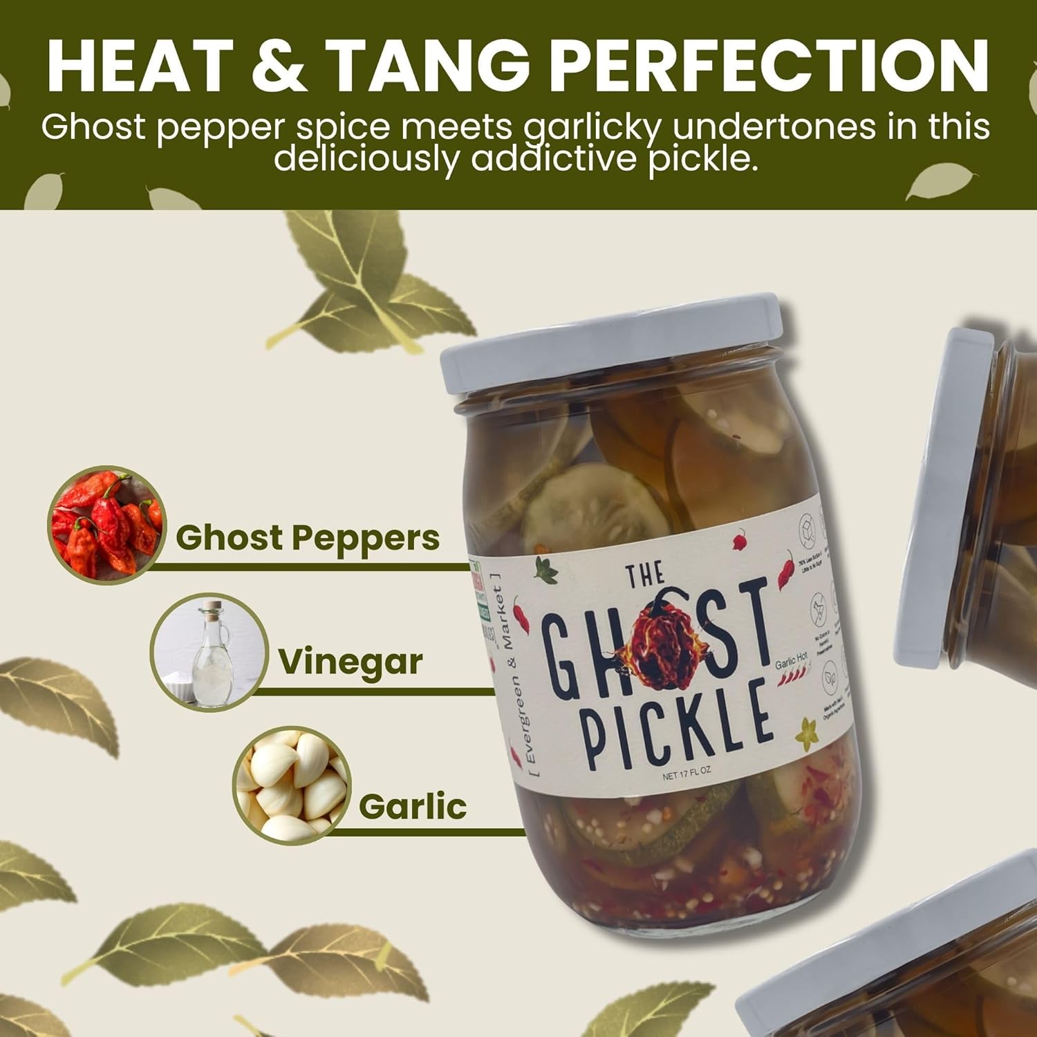 [PICKLES] - The Ghost Pickle - 79% Less Sodium & Sugar Free - Infused with Ghost Peppers - Fiery 4/5 Heat - Spicy Gourmet for Savory Dishes & Bold Cocktails - Made from Fresh Southern Produce - 17 Oz
