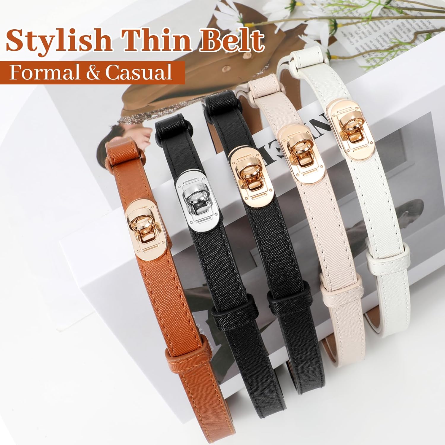 Adjustable Thin Belt For Women Skinny Belts For Dress Women Solid Color Alloy Turn Lock Belt For Jeans Coat,Khaki - Image 7