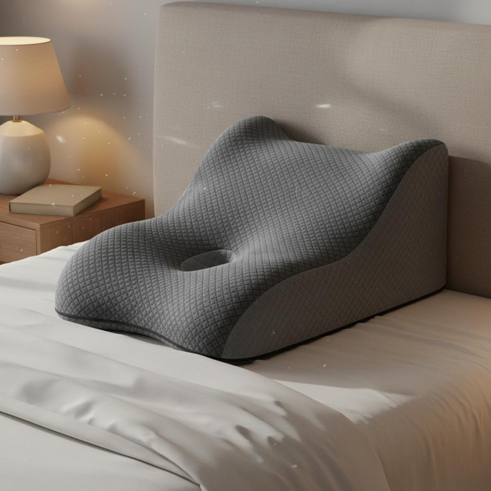 Qectial Almohada Lumbar con Inclinación Ergonómica y Memoria Cojín de Soporte para la Cintura Recubierta en Poliéster Ventilado Adecuada para Leer en Cama, Gris Azulado, 50-40-26cm