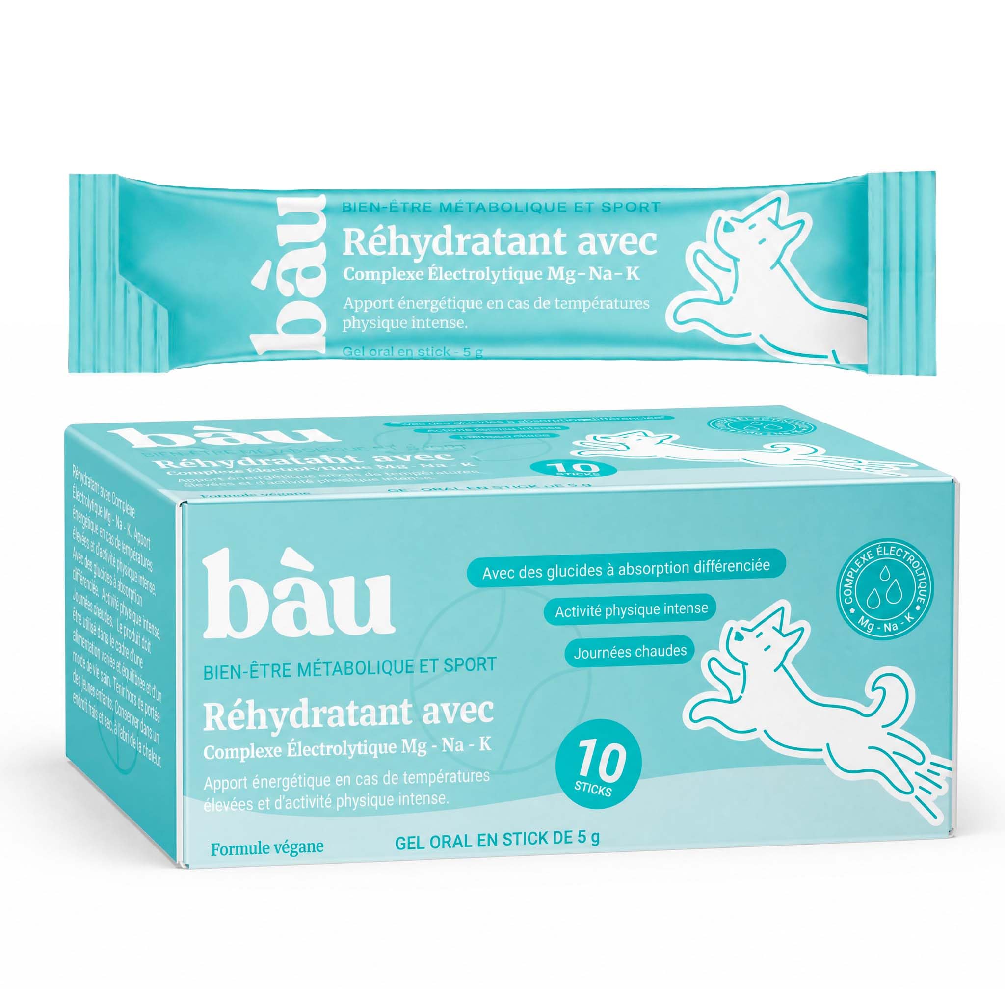 BAU Réhydratant Électrolytique pour Chiens Sportifs – Idéal par Temps Chaud – Gel Énergétique avec Magnésium, Sodium et Potassium – Soutien Pendant l’Activité – Sticks Unidose