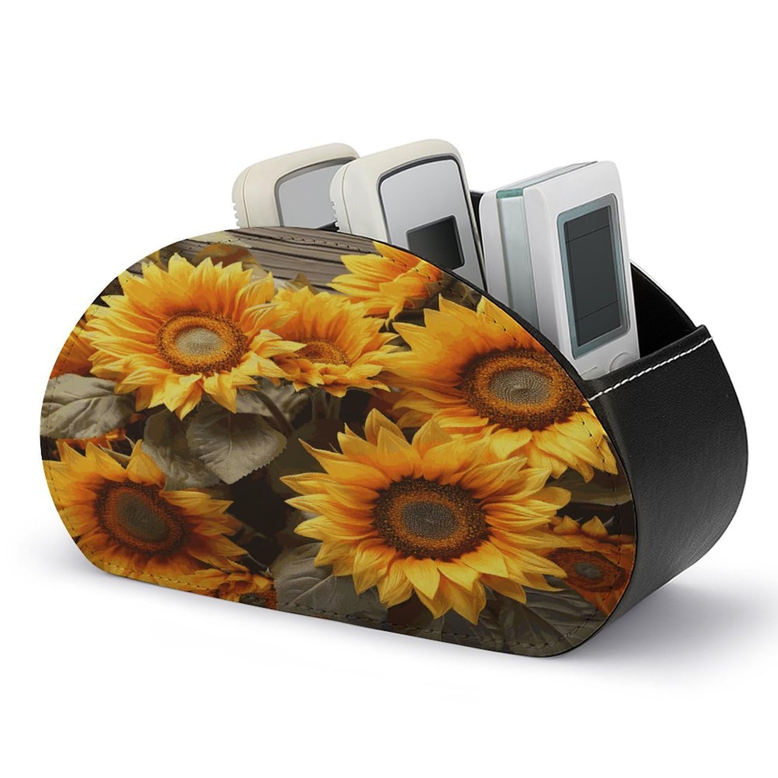 FekiLoot Plants Theme Sunflower Remote Control Holder, PU Leather Remote Control Organizer Box Stationery Remote Control Box Desk Storage Organizer for DVDs,Glasses,Pens,Media Players