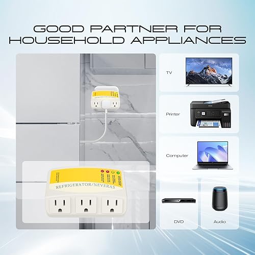Miniatura 6 de Protector contra sobretensiones para refrigerador, electrodomésticos, 3 tomas, protector de sobretensiones de voltaje, salida de apagón, adecuado