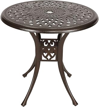 Puluomis 31 Round Cast Aluminum Dining Table, Outdoor Patio Retro Bistro Dining Table with 2 Umbrella Hole