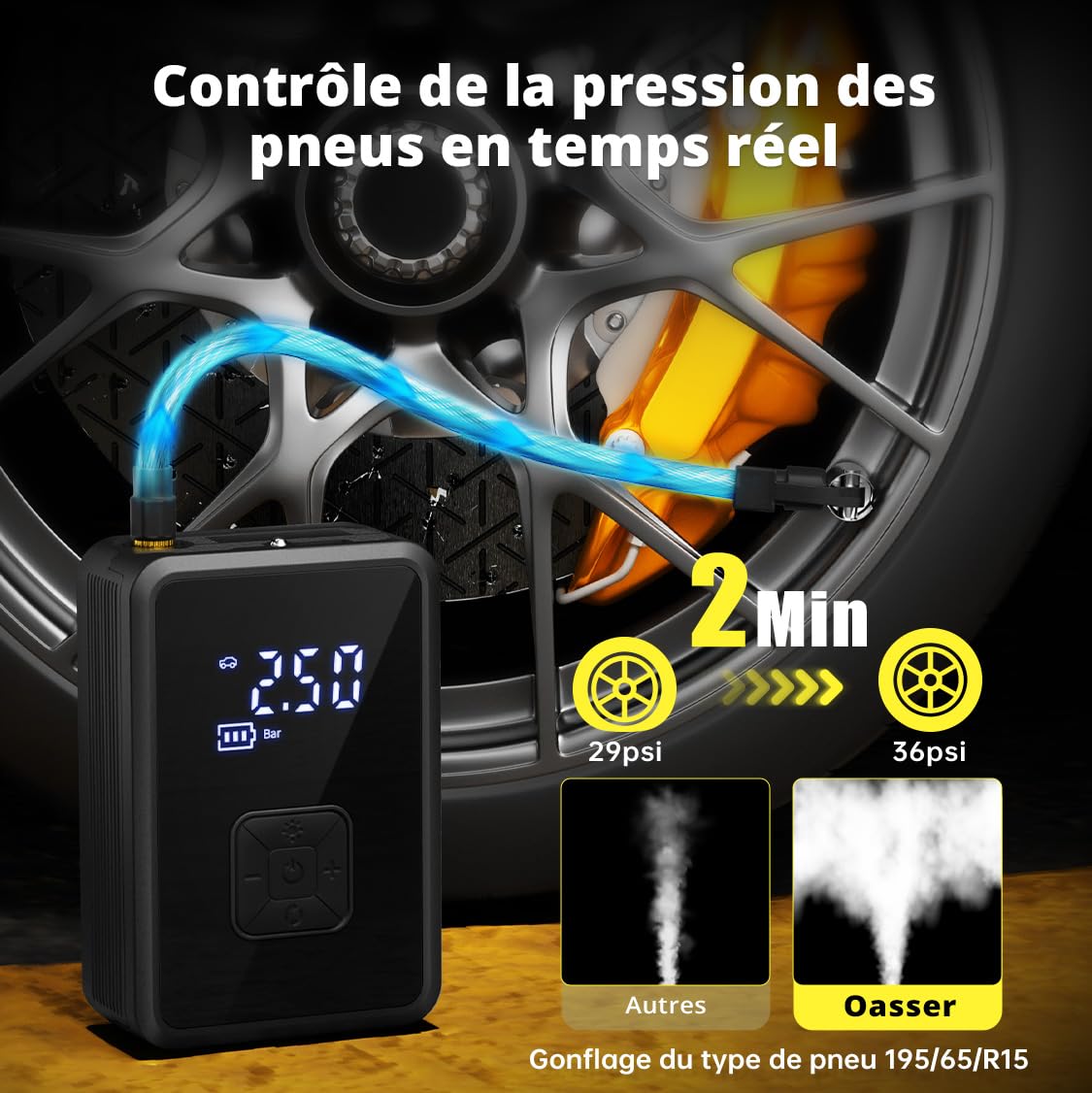 Oasser Gonfleur Pneus Voiture sans Fil Mini Compresseur à Air Portatif 150 PSI (10,3 Bar) Inflation Rapide Cylindre 17 mm Type-C USB Charge avec Tuyau de 30 cm et Sac de Rangement