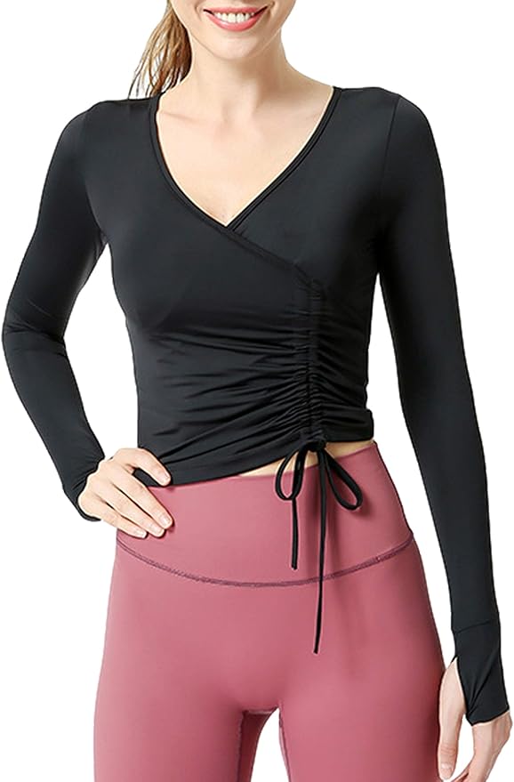 Uaneo Womens Ruched V Neck Long Sleeve Crop Workout Top with Thumbholes at Amazon Womenâs 